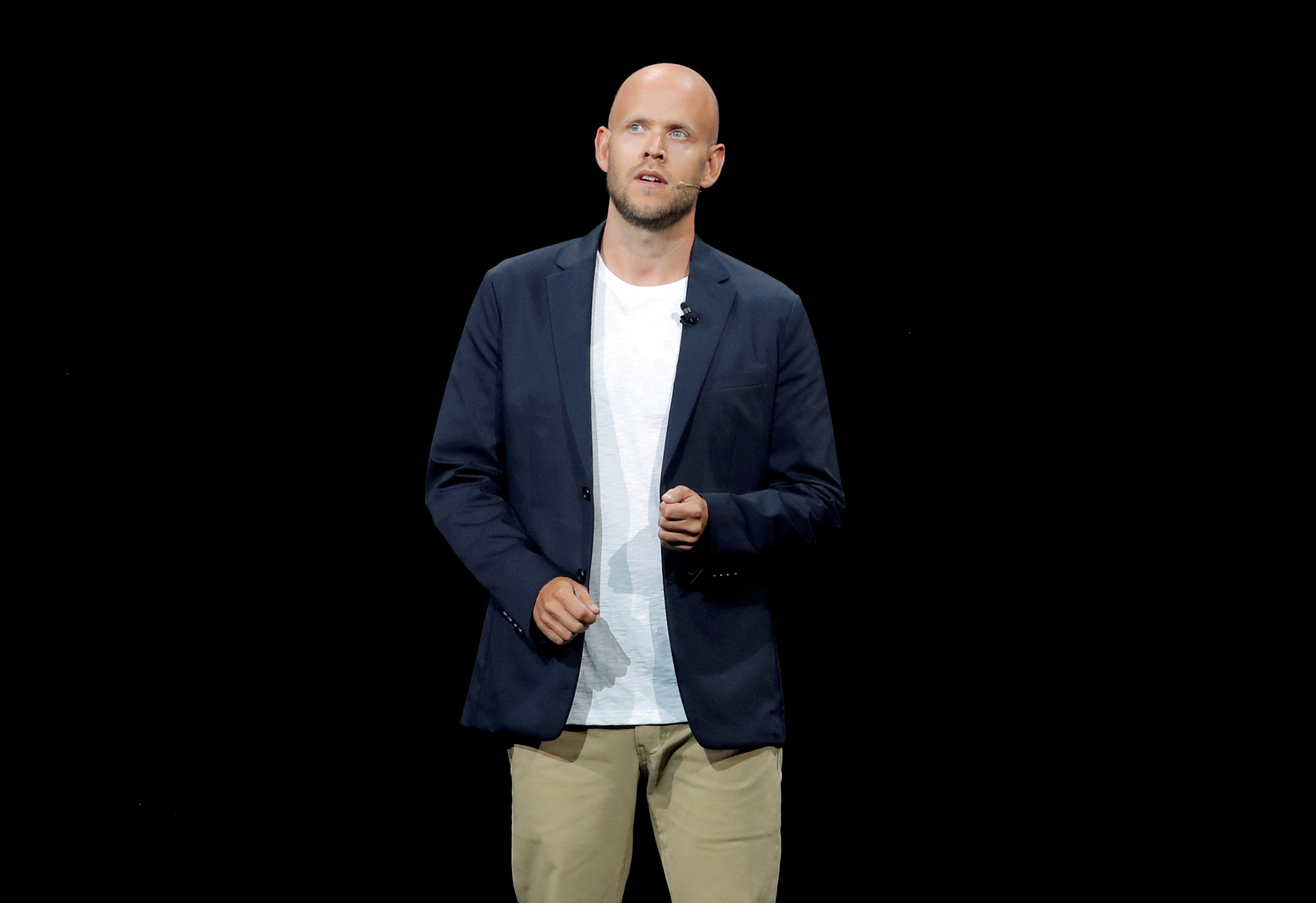Daniel Ek, CEO of Spotify speaks at a Samsung product launch event in Brooklyn