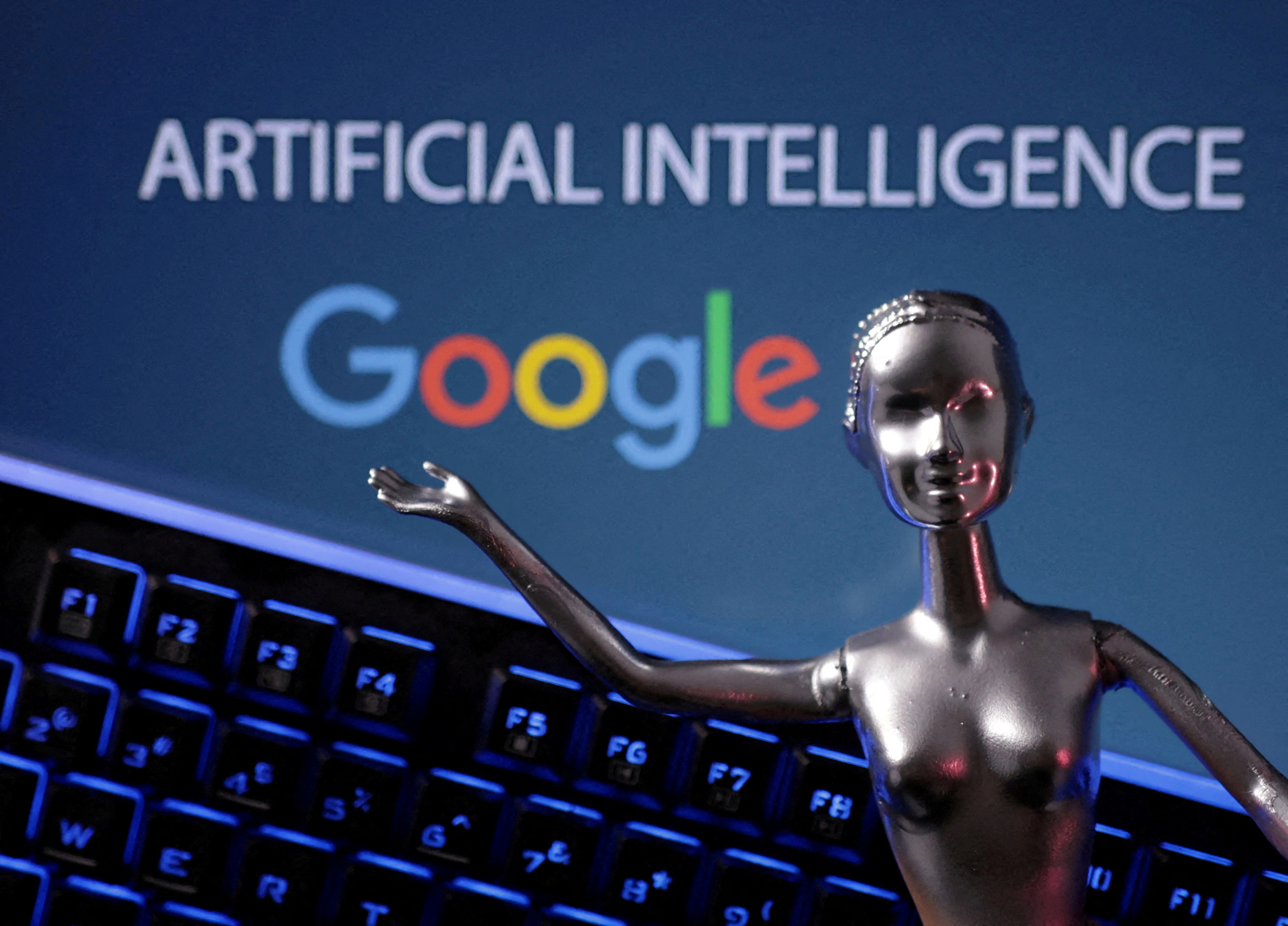 Illustration shows Google logo and AI Artificial Intelligence words