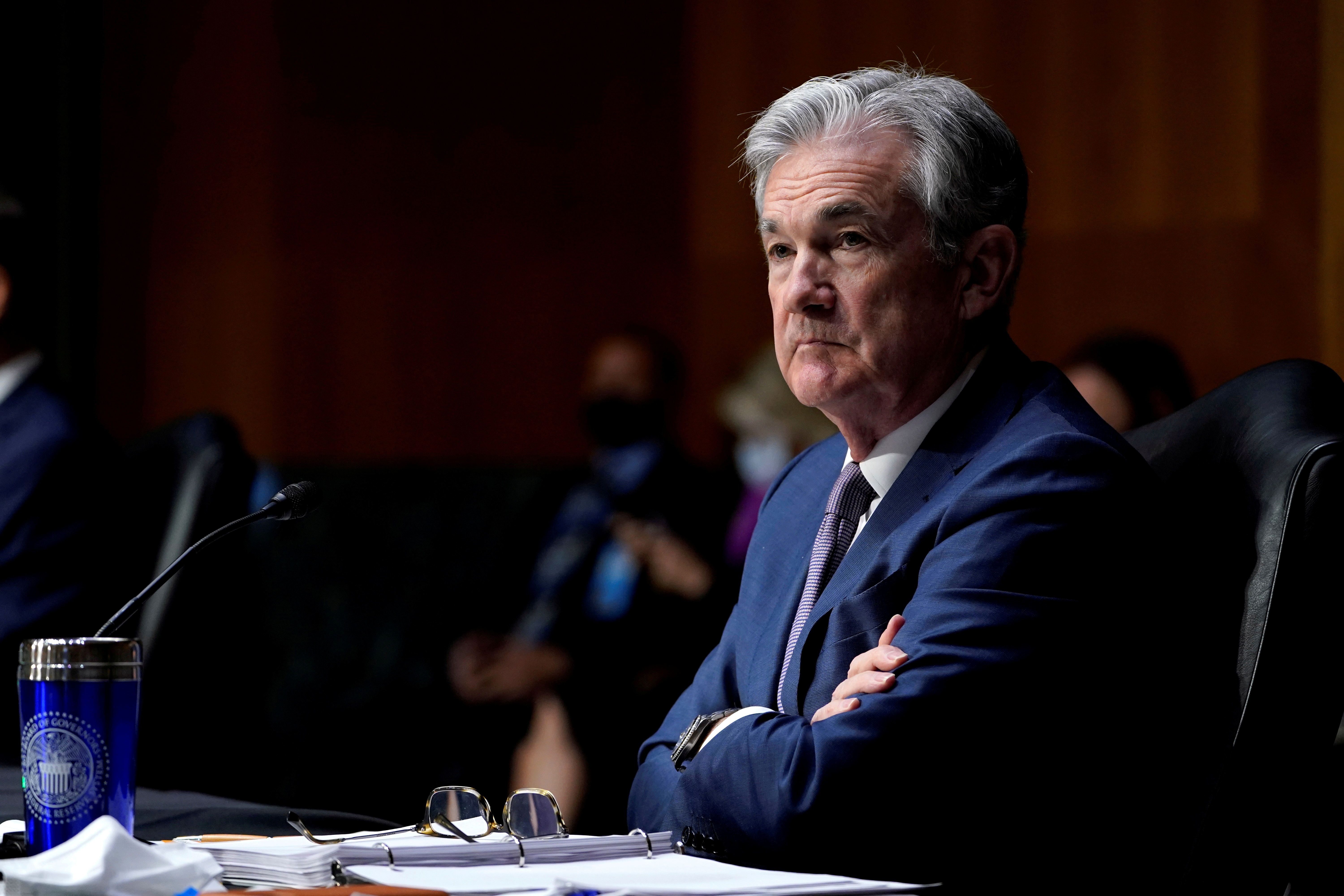 Chairman of the Federal Reserve Jerome Powell listens during a Senate Banking Committee hearing in Washington