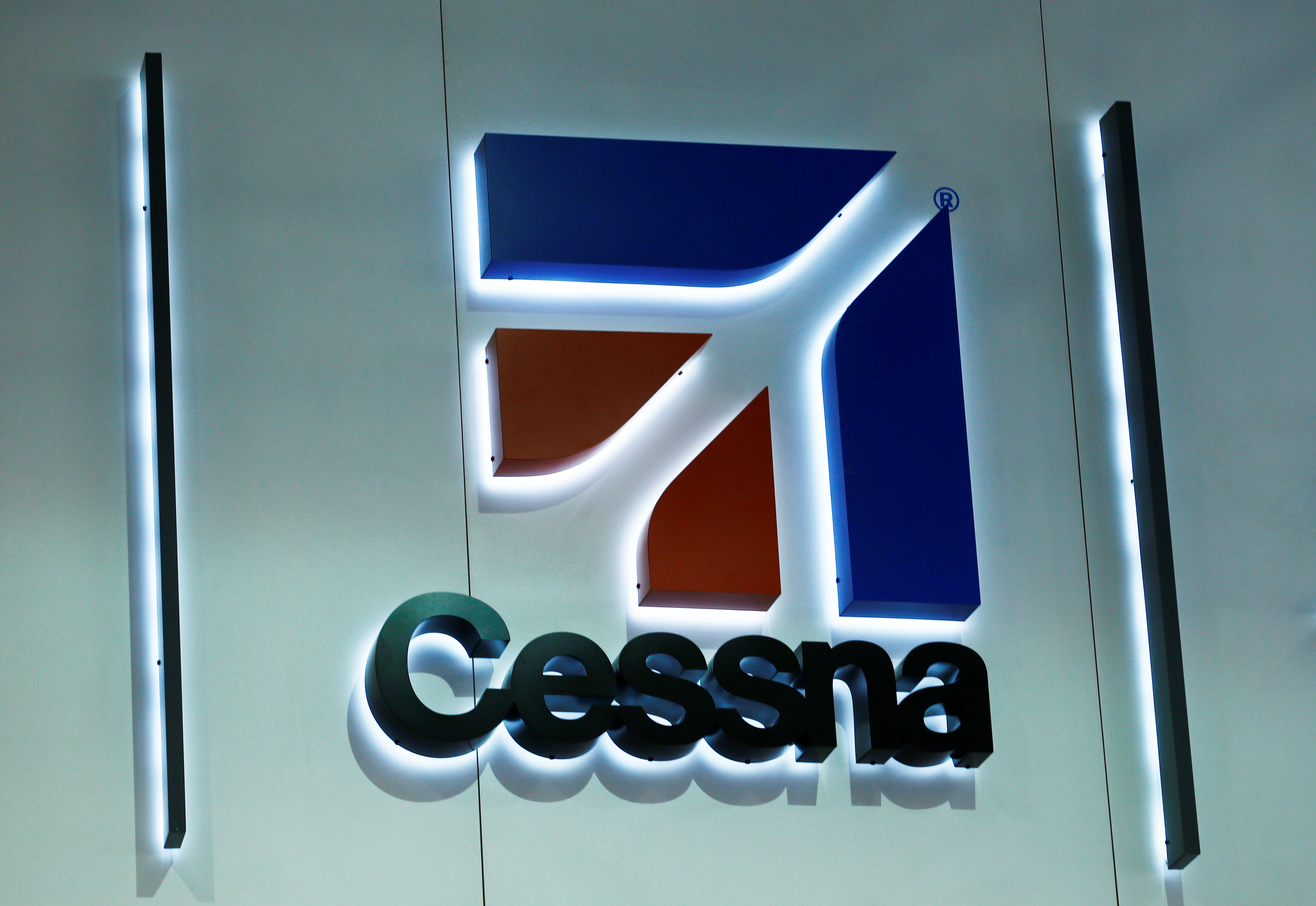 A logo of Cessna is pictured on their booth during EBACE in Geneva