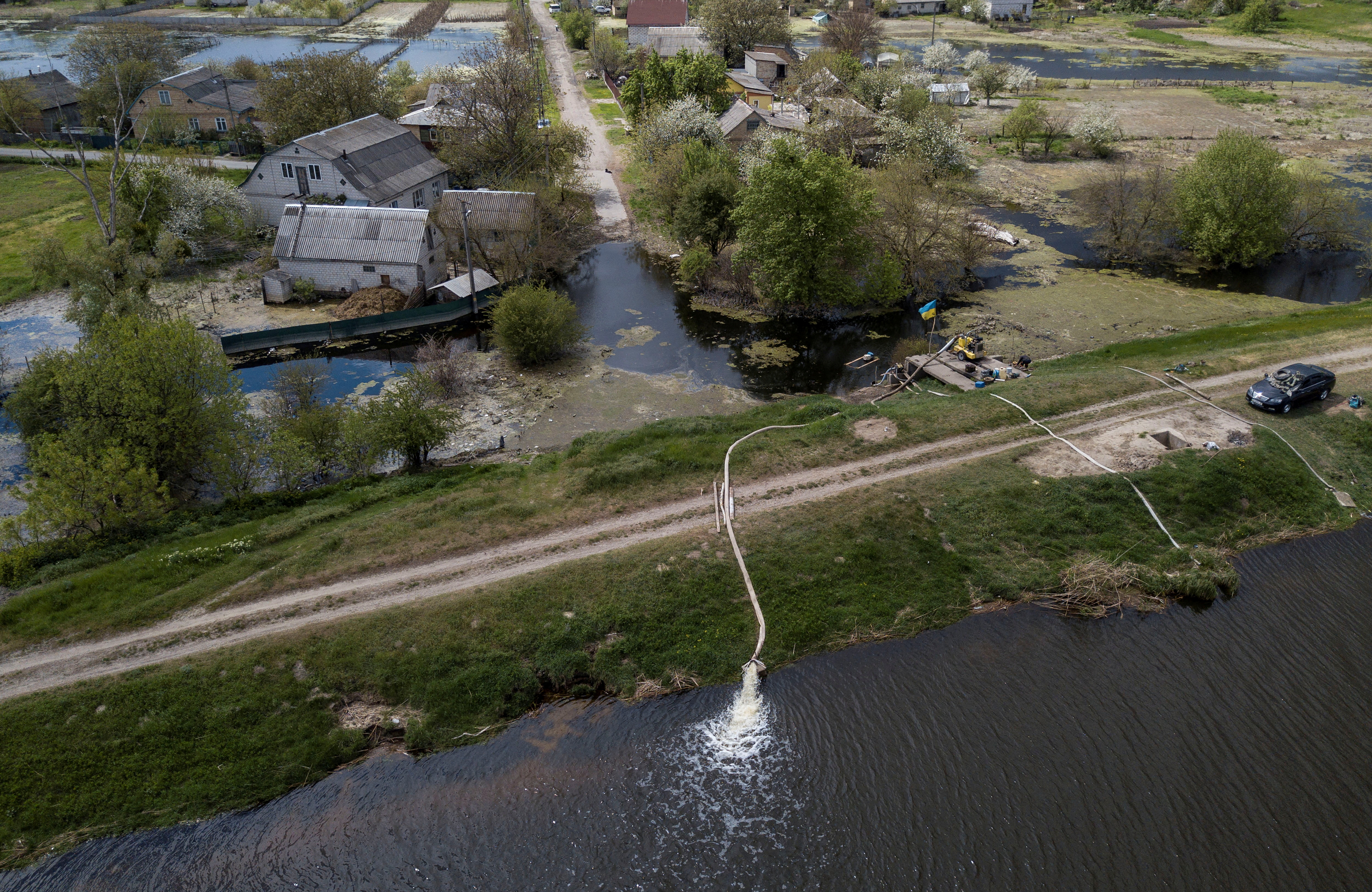 A water pump station is seen at a flooded area after Ukrainian military forces opened a dam to flood an residencial area in order to stop advance of Russian forces to arrive to the capital city of Kyiv, in Demydiv, Ukraine