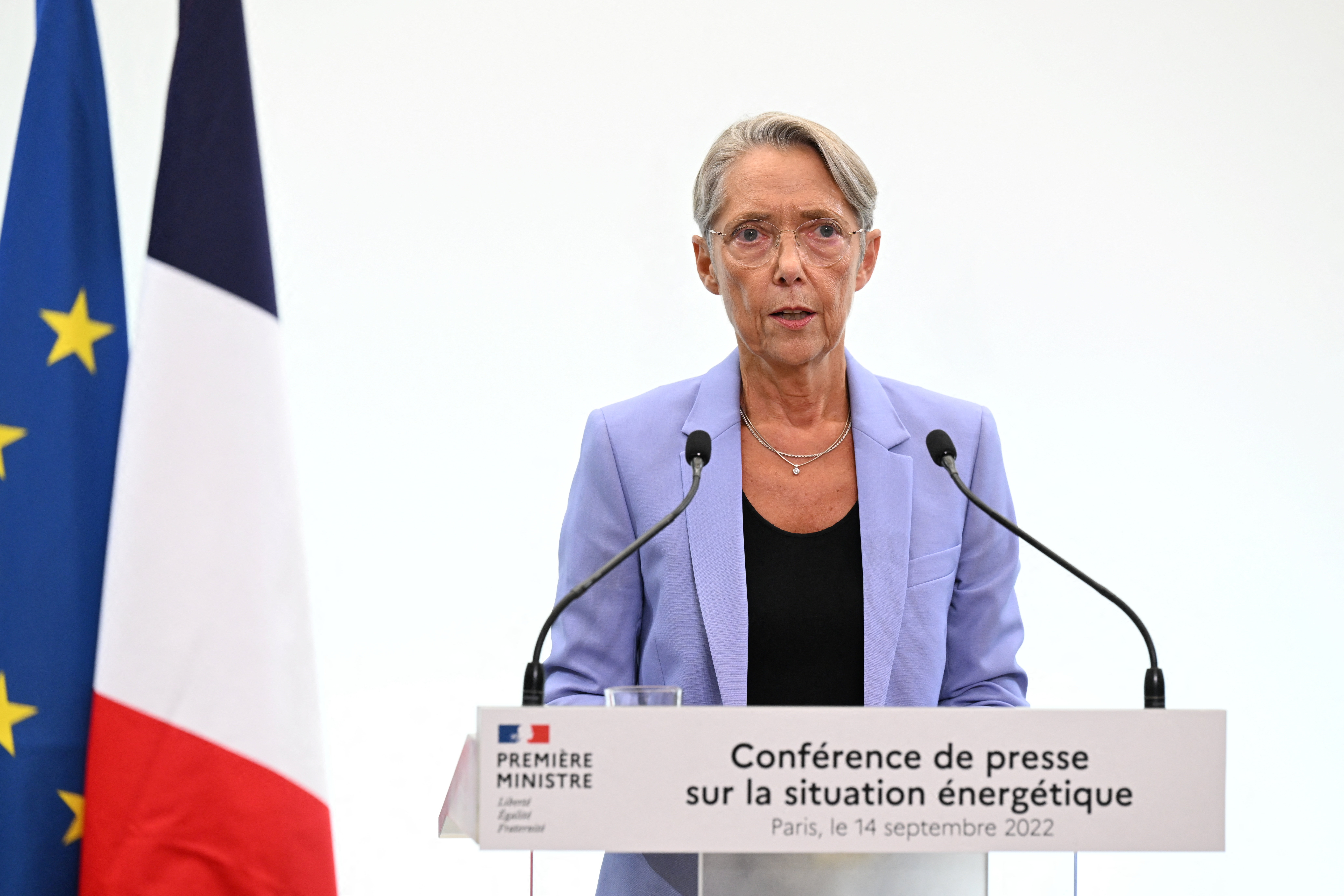 French Prime Minister Elisabeth Borne delivers a speech during a press conference on the energy situation in France and Europe, in Paris