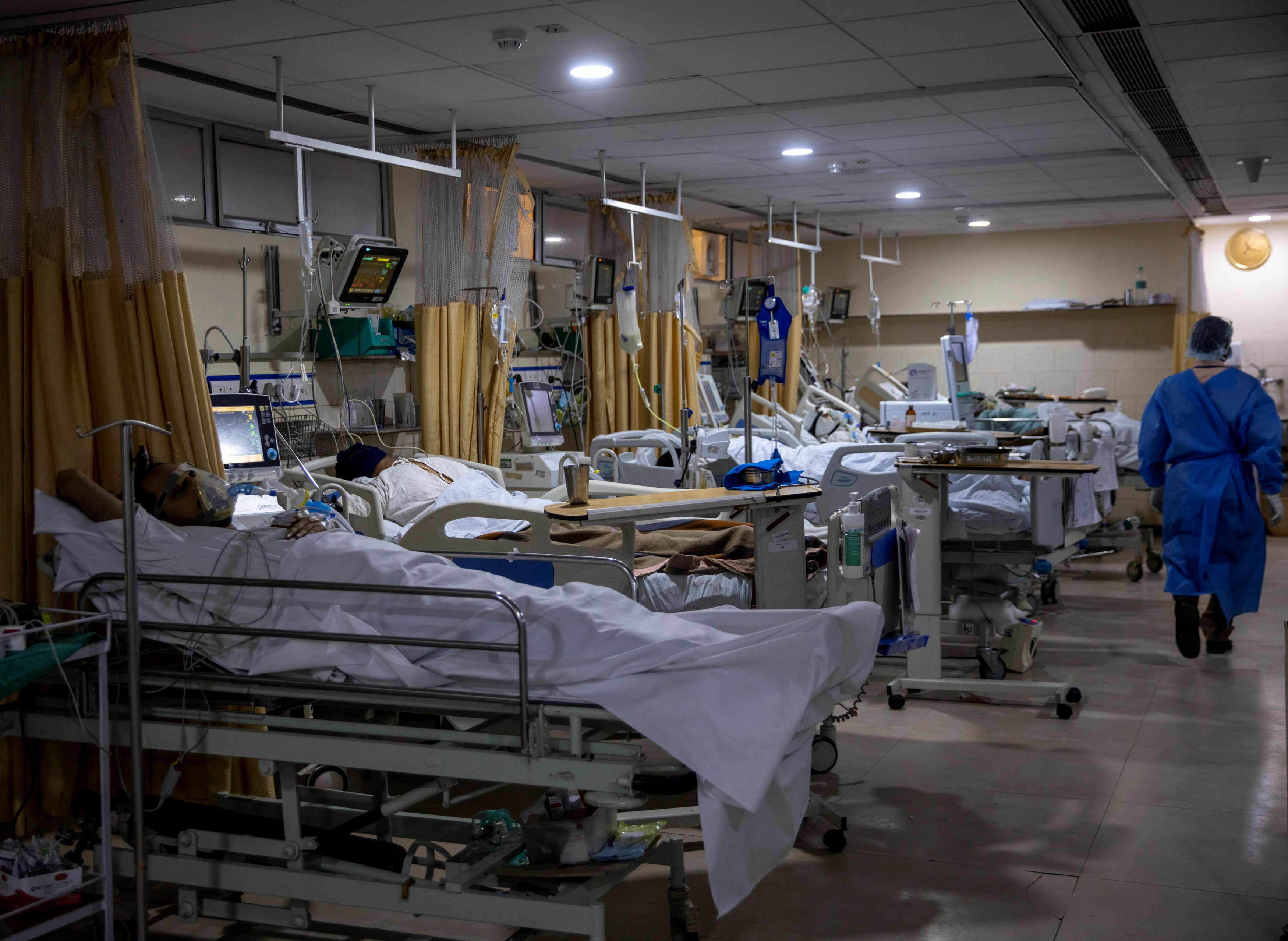 Patients suffering from the coronavirus disease (COVID-19) are seen inside the ICU ward at Holy Family Hospital in New Delhi