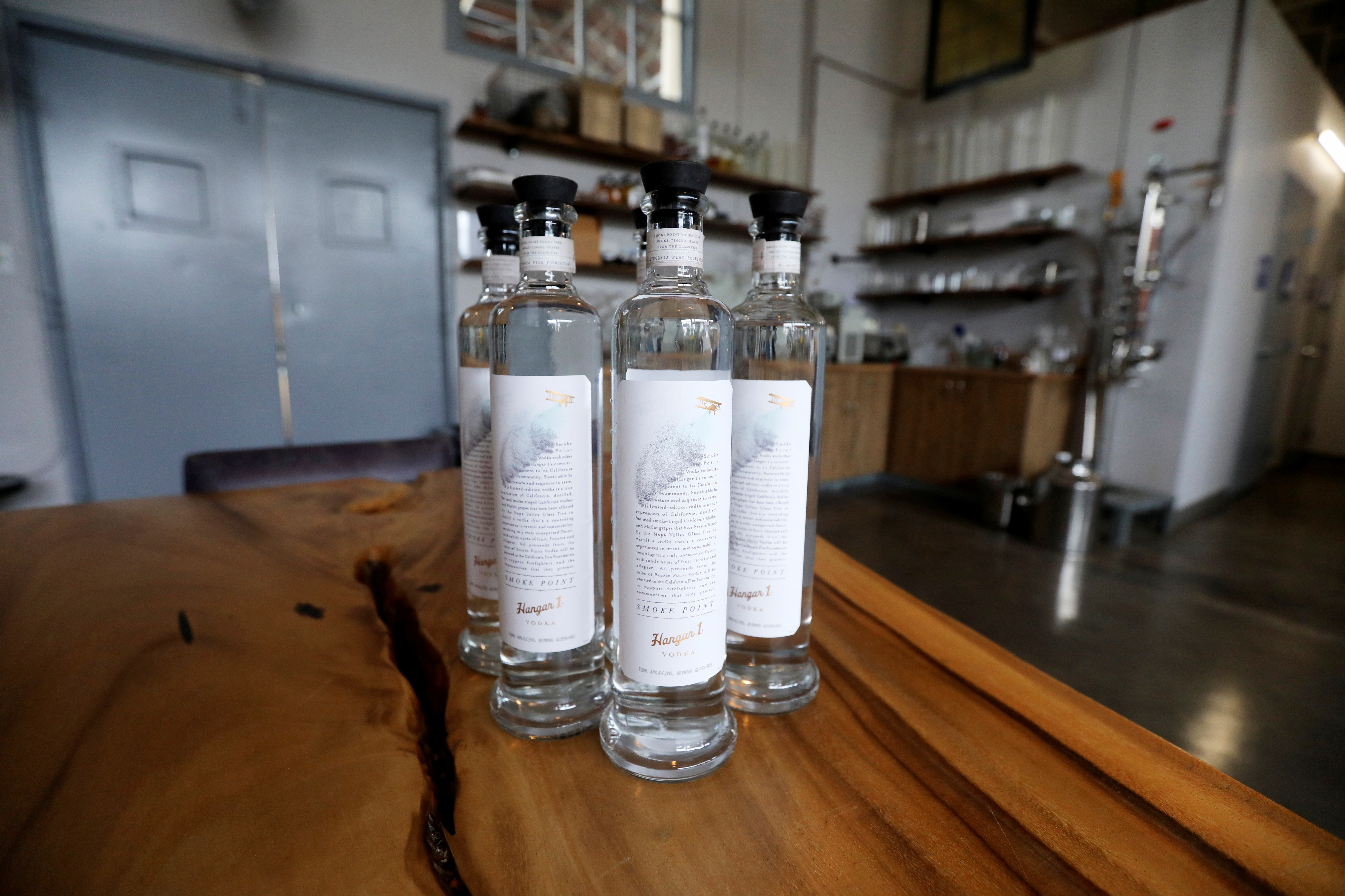 Bottles of Hangar 1 Smoke Point vodka are seen in a distillery in Alameda, California, U.S. November 2, 2021. Picture taken 2, 2021. REUTERS/Nathan Frandino