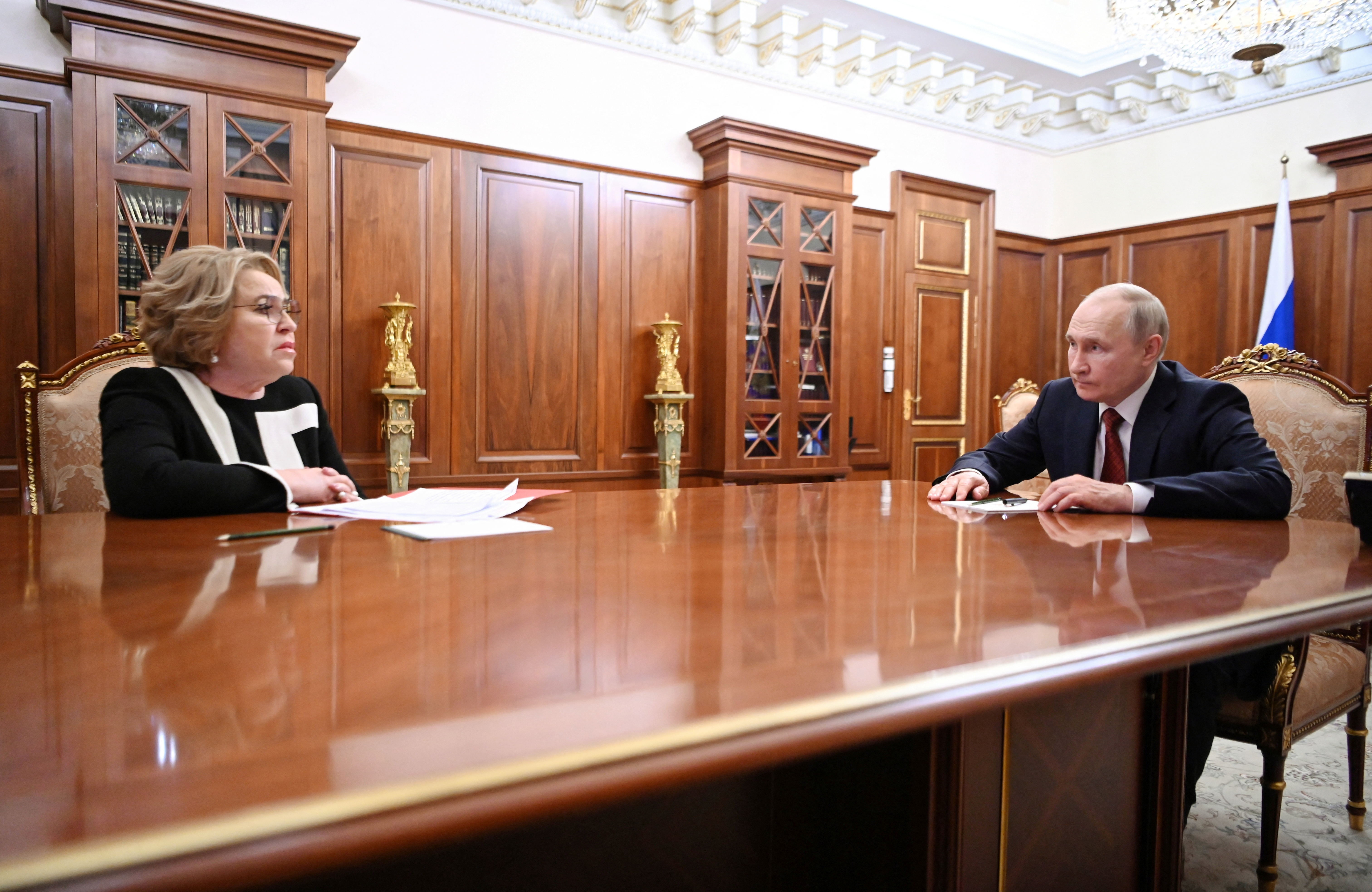 Russian President Vladimir Putin meets with Russian Federation Council Speaker Valentina Matviyenko at the Kremlin in Moscow