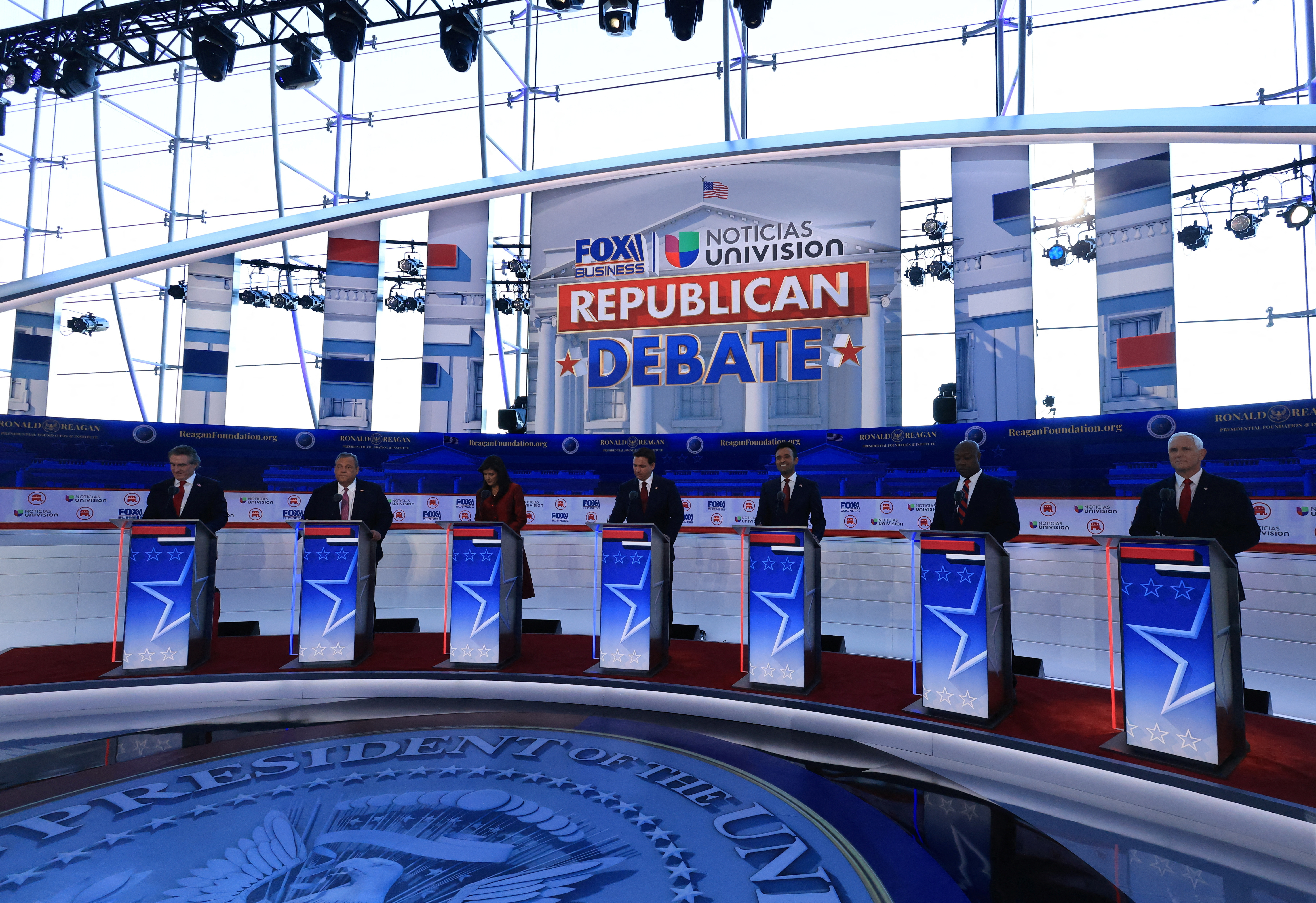 Republican U.S. Presidential candidates participate in their second debate of the 2024 U.S. presidential campaign in Simi Valley, California