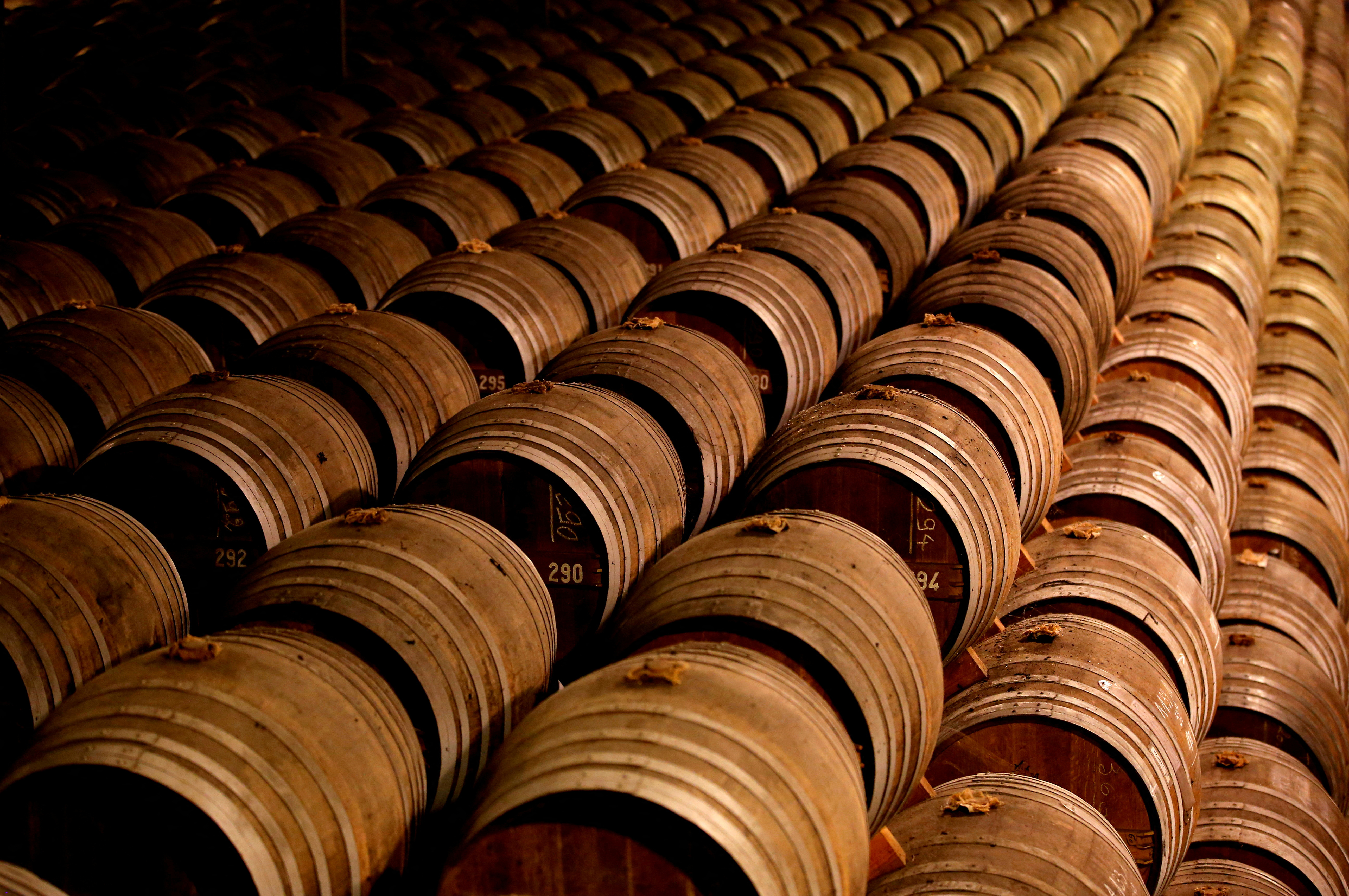 Oak barrels are stored in a cellar used for storing rare and old cognac at the Remy Martin factory in Cognac