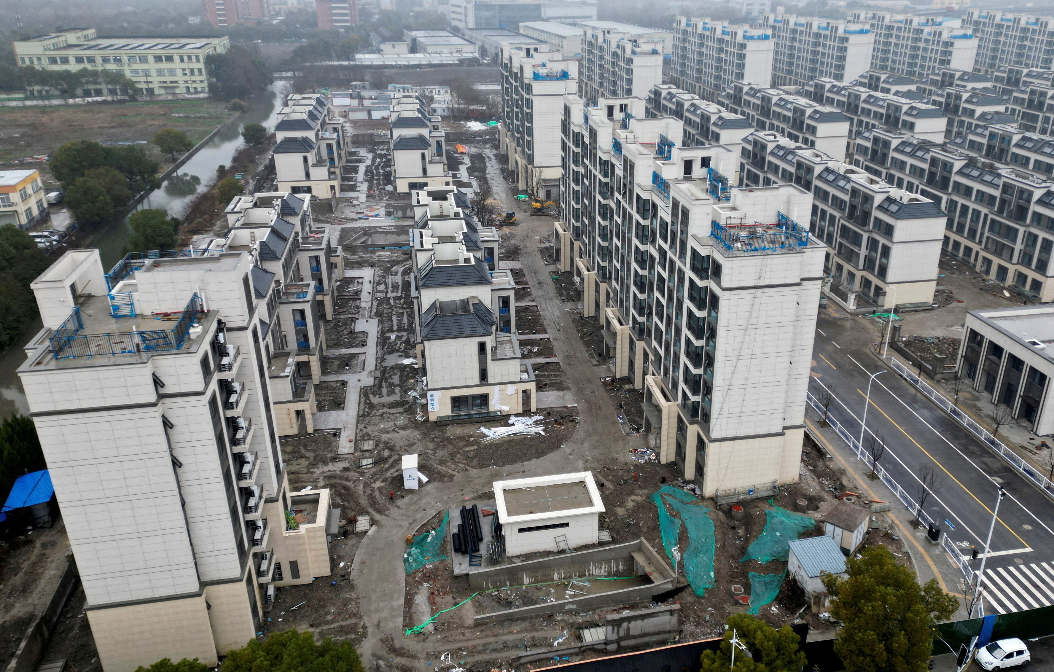 FILE PHOTO: Drone view of under-construction residential development by Country Garden in Shanghai