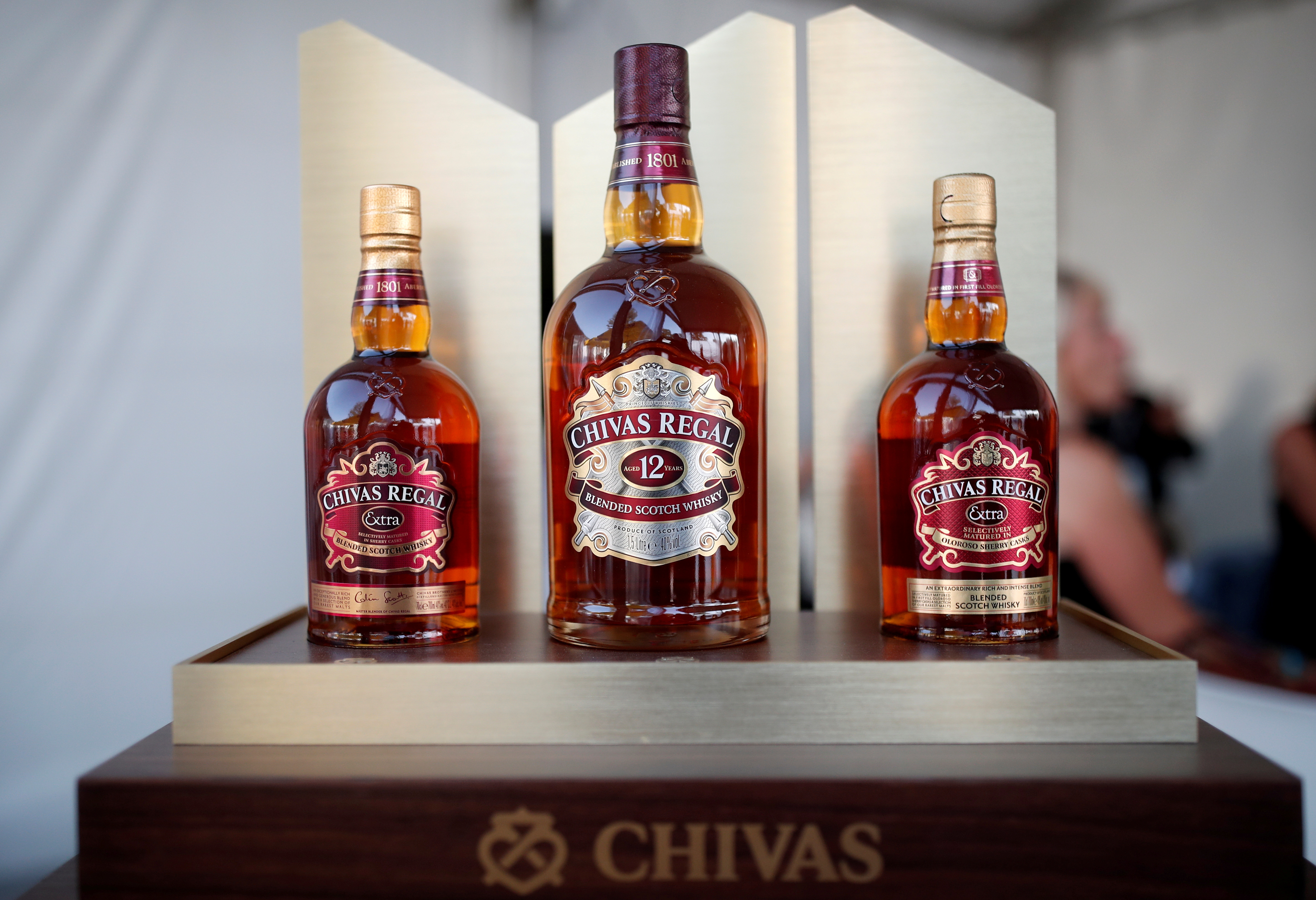 Bottles of Chivas Regal blended Scotch whisky, produced by Pernod Ricard SA, are displayed on the campus of the HEC School of Management in Jouy-en-Josas, near Paris