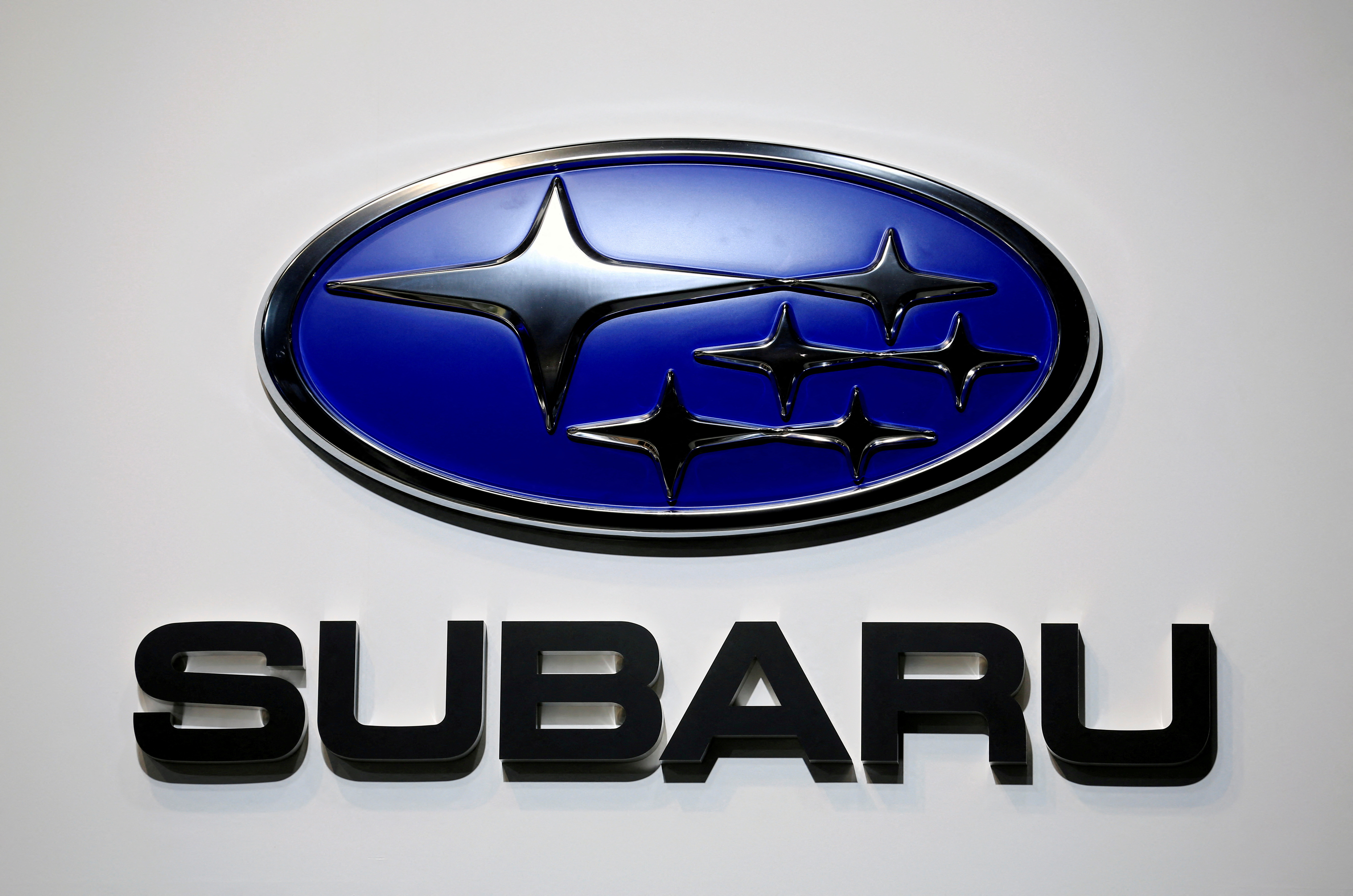 A Subaru logo is displayed at the Tokyo Motor Show, in Tokyo, Japan