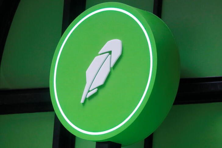 The logo of Robinhood Markets, Inc. is seen at a pop-up event on Wall Street after the company's IPO in New York City
