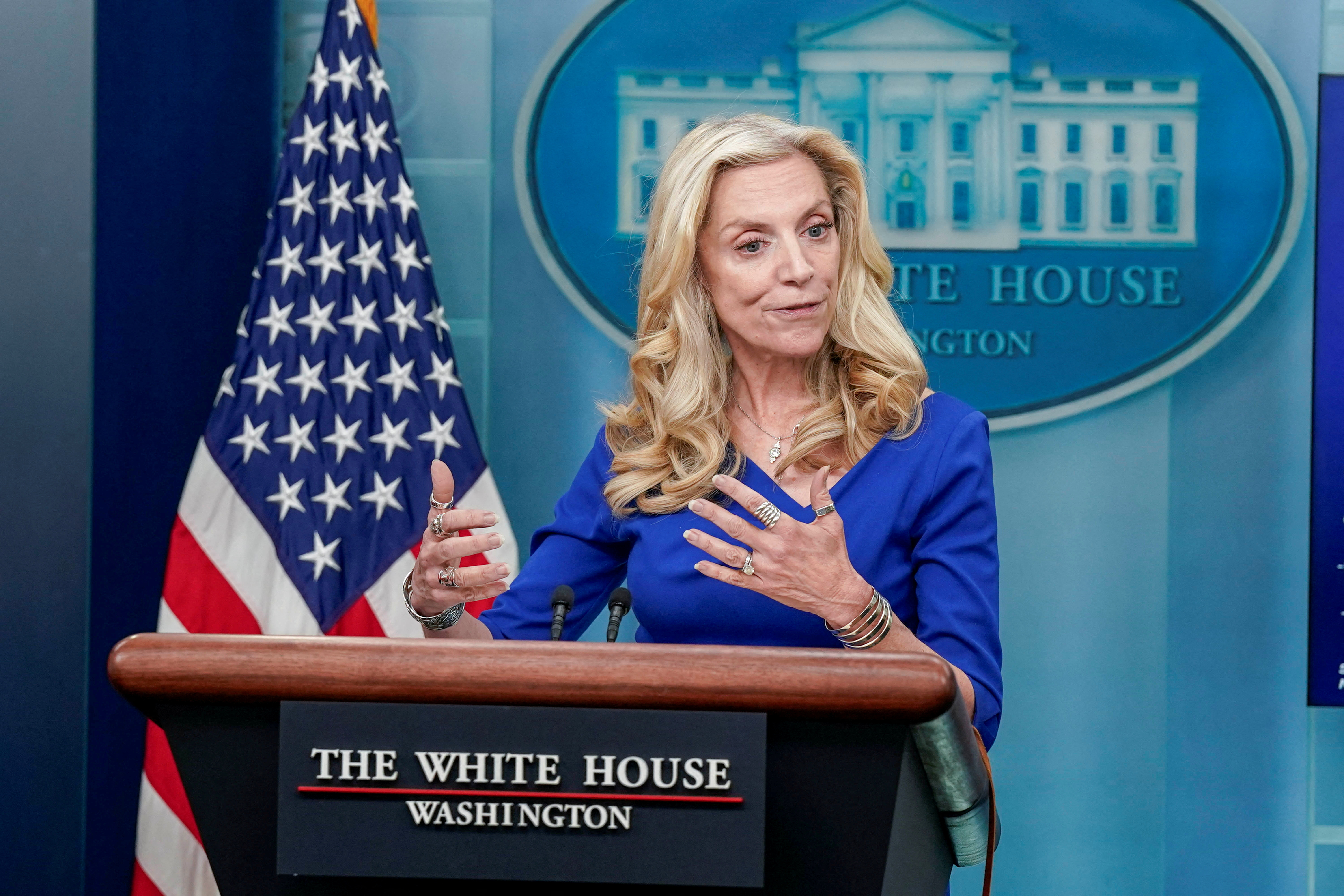 National Economic Council Director Lael Brainard speaks at a press briefing