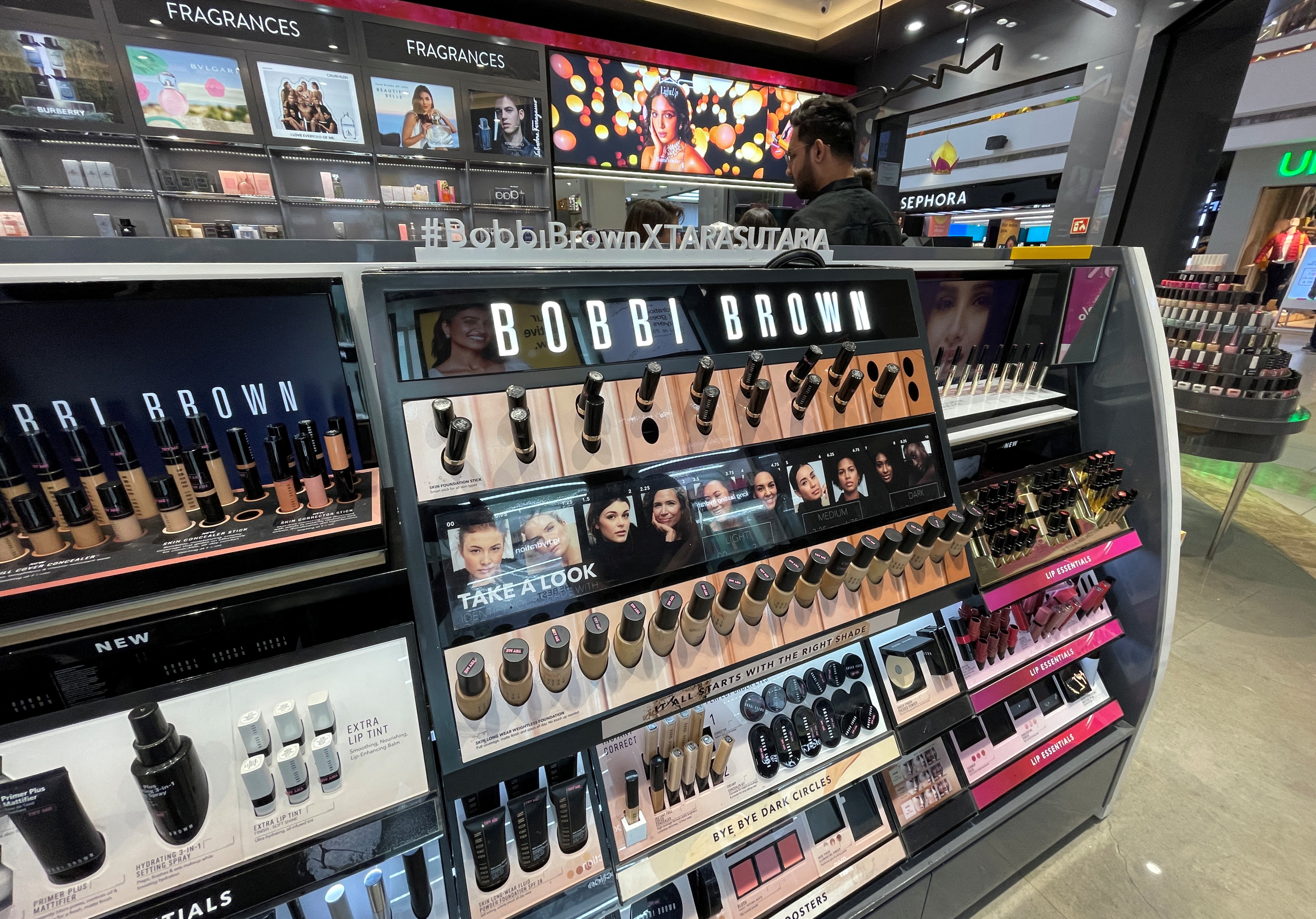 Bobbi Brown cosmetic products are seen for sale inside a store in Ahmedabad