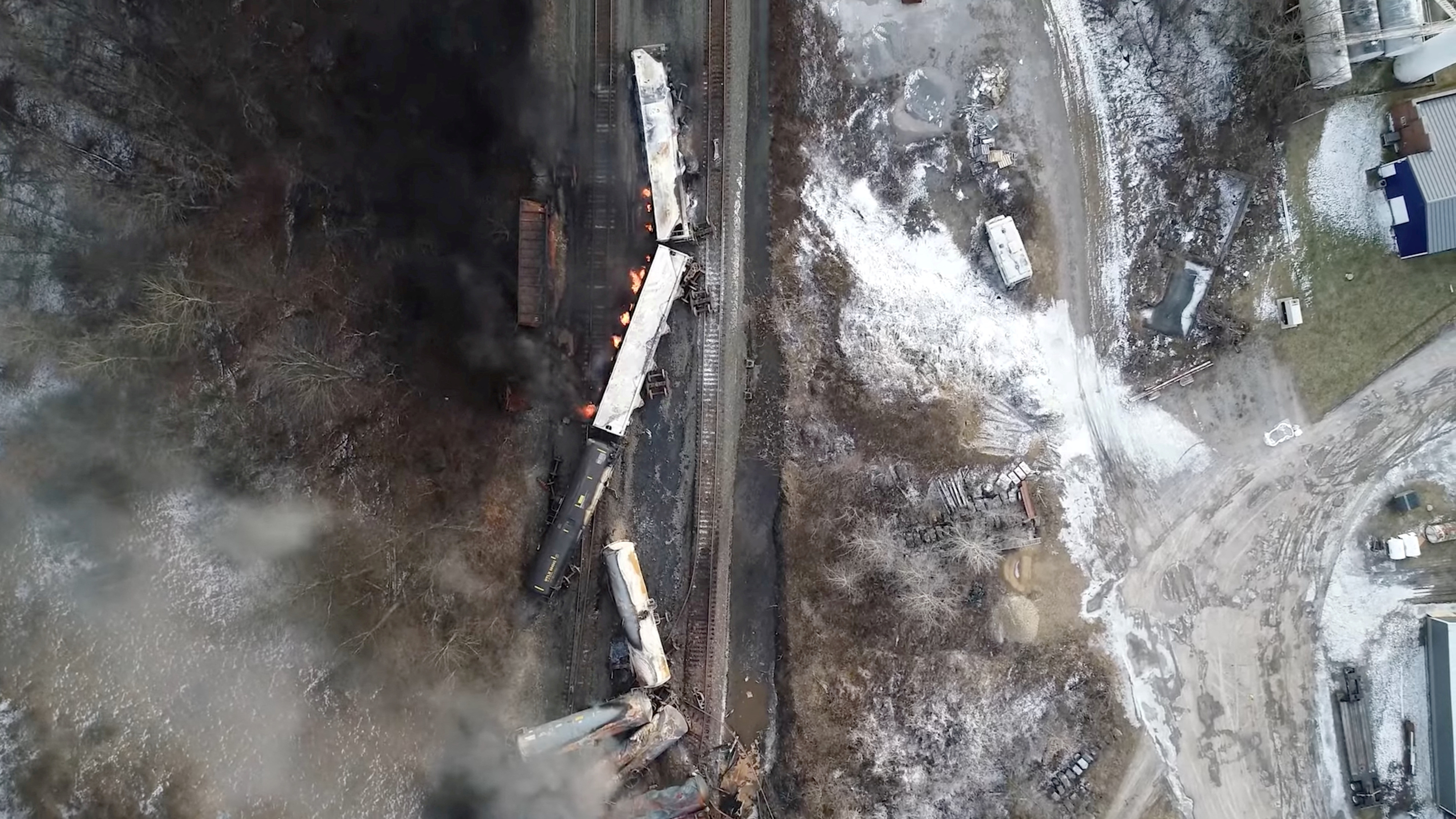 A drone footage shows the freight train derailment in East Palestine, Ohio