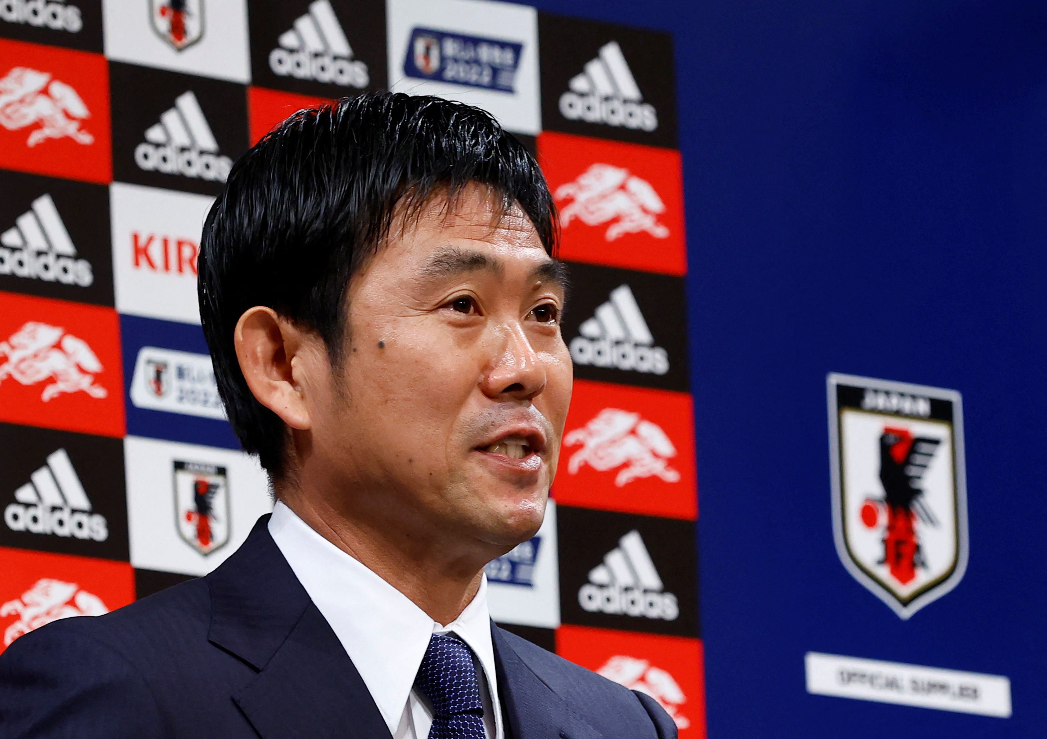 Japanese national soccer team’s head coach Hajime Moriyasu speaks at a news conference to name the squad for the 2022 Qatar World Cup, in Tokyo