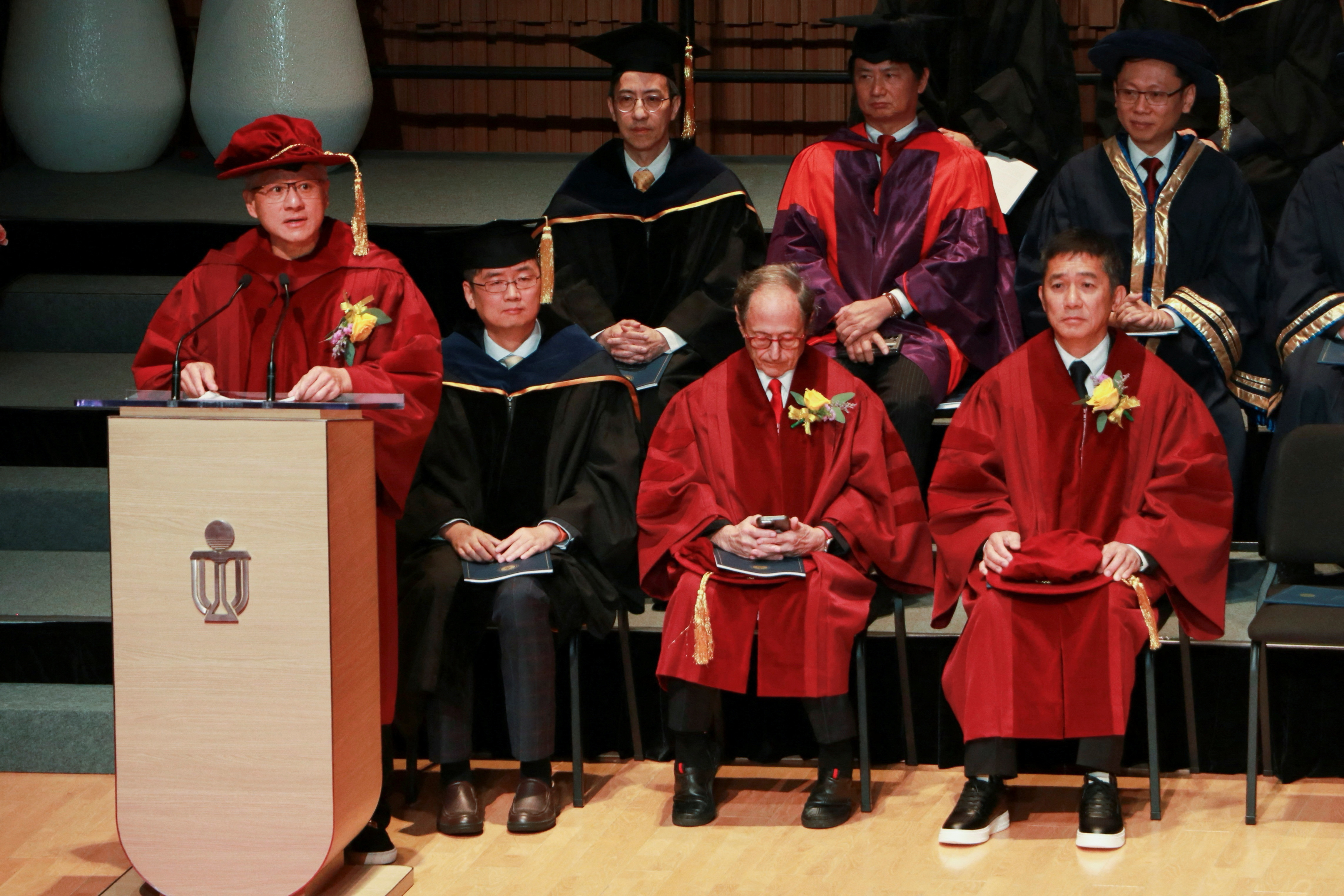 CEO of Nvidia Jensen Huang speaks after receiving an honorary degree from Hong Kong University of Science and Technology in Hong Kong