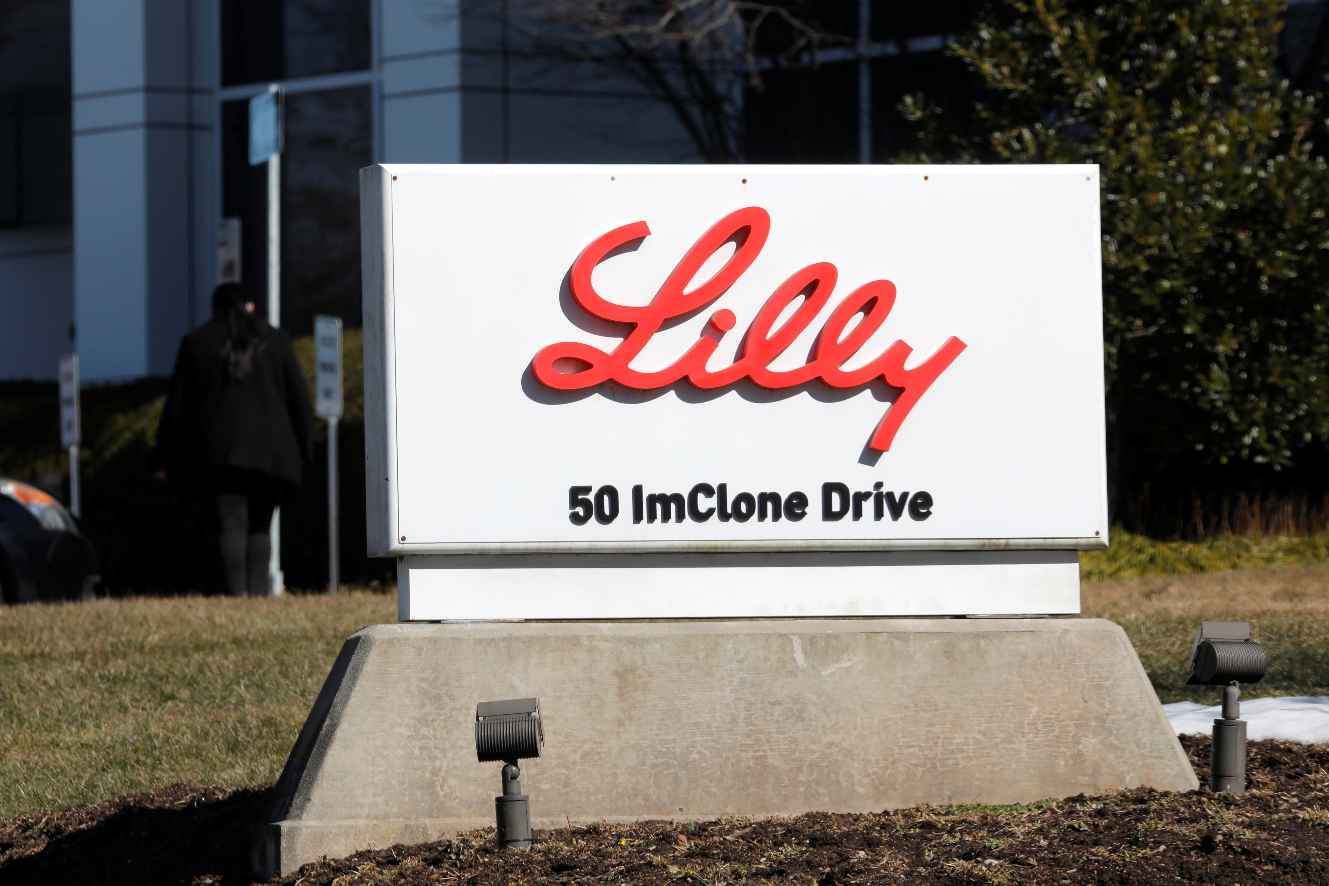 A sign is pictured outside an Eli Lilly and Company pharmaceutical manufacturing plant at 50 ImClone Drive in Branchburg, New Jersey, March 5, 2021.  REUTERS/Mike Segar