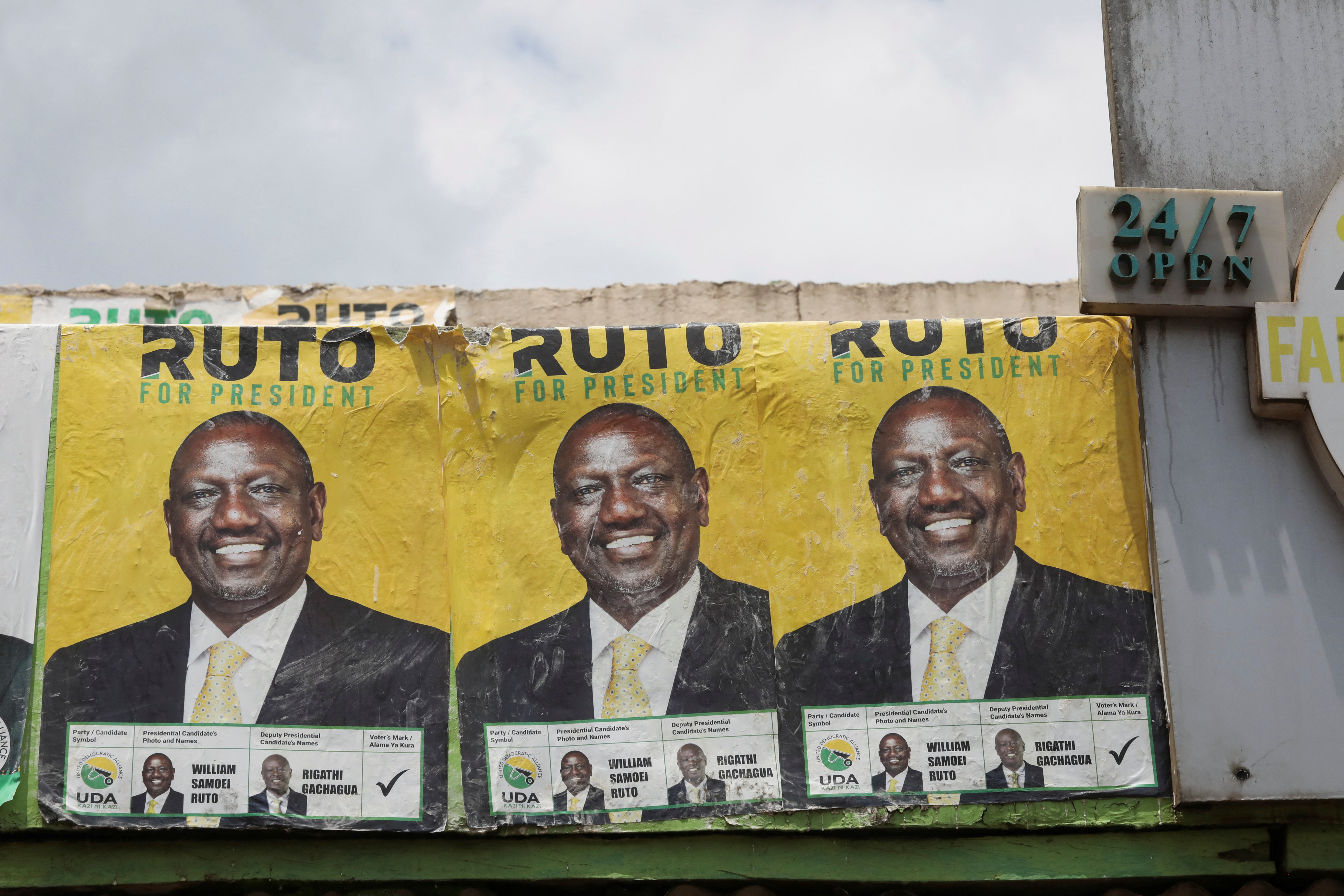 A views shows posters of Kenya's Deputy President William Ruto and presidential candidate on top of the Silverline Butchery restaurant in Eldoret