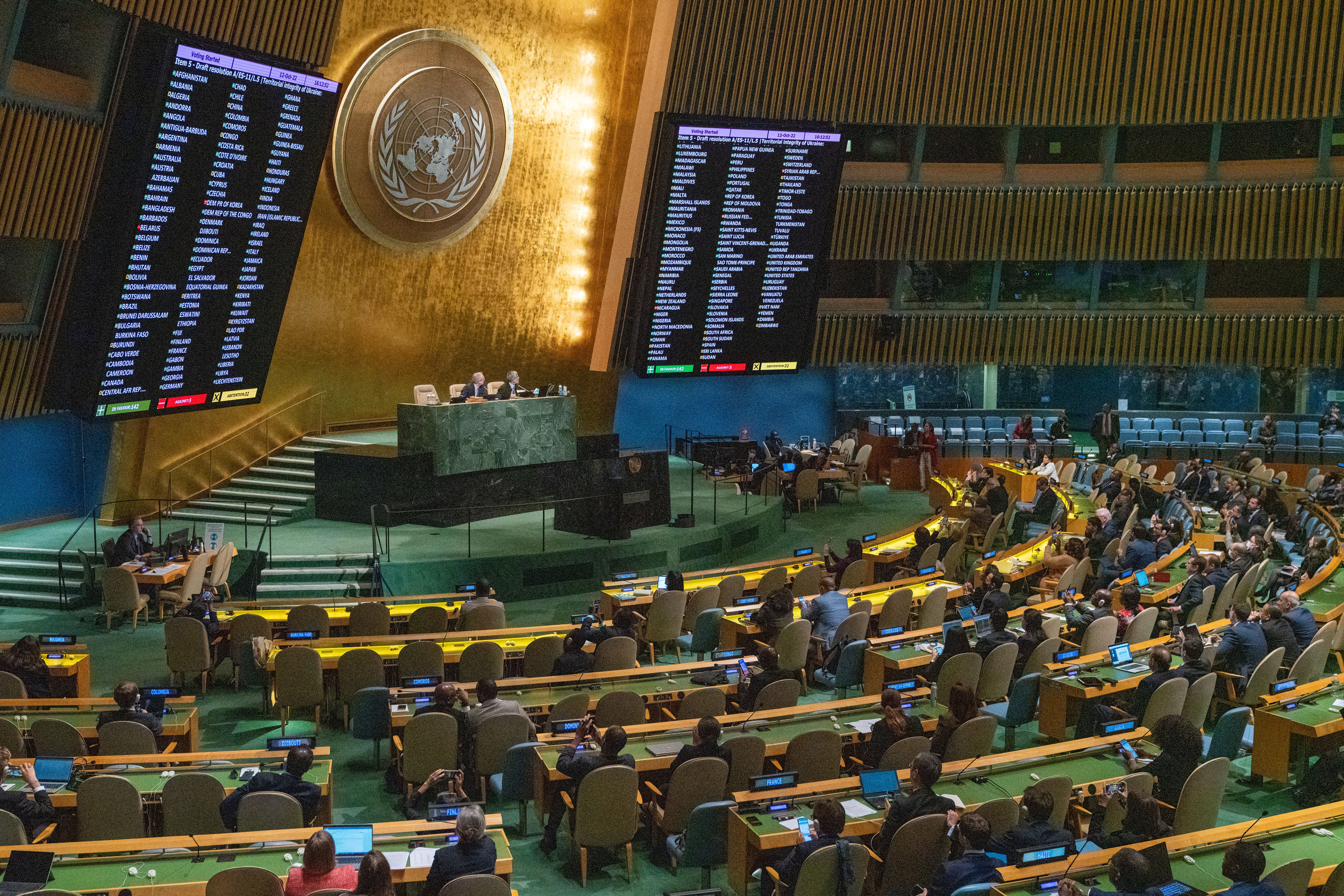 The monitors at the United Nations General Assembly hall display a vote to resolution condemning the annexation of parts of Ukraine amid Russia's invasion of Ukraine, at the United Nations Headquarters
