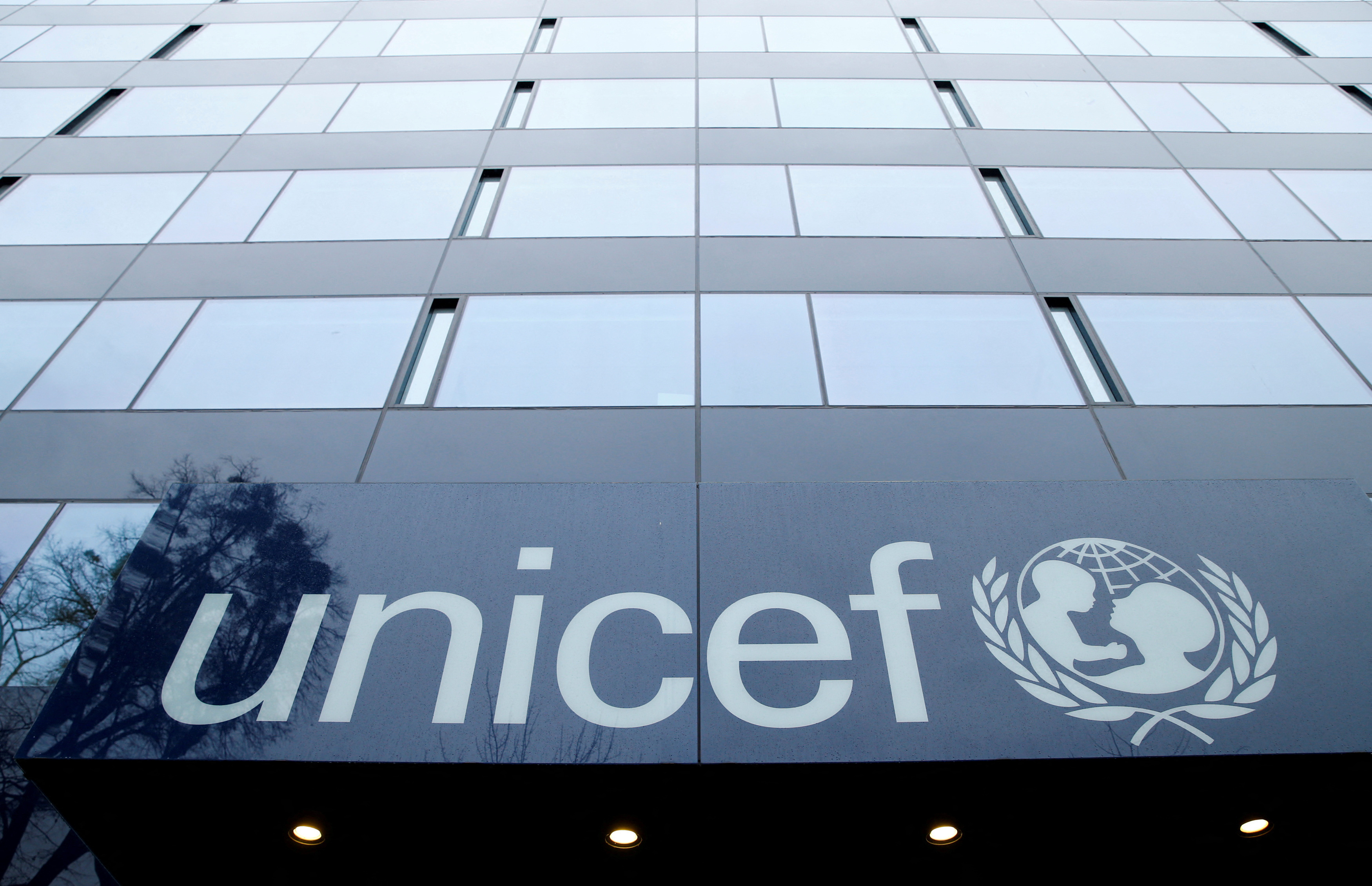 A UNICEF logo is pictured outside their offices in Geneva