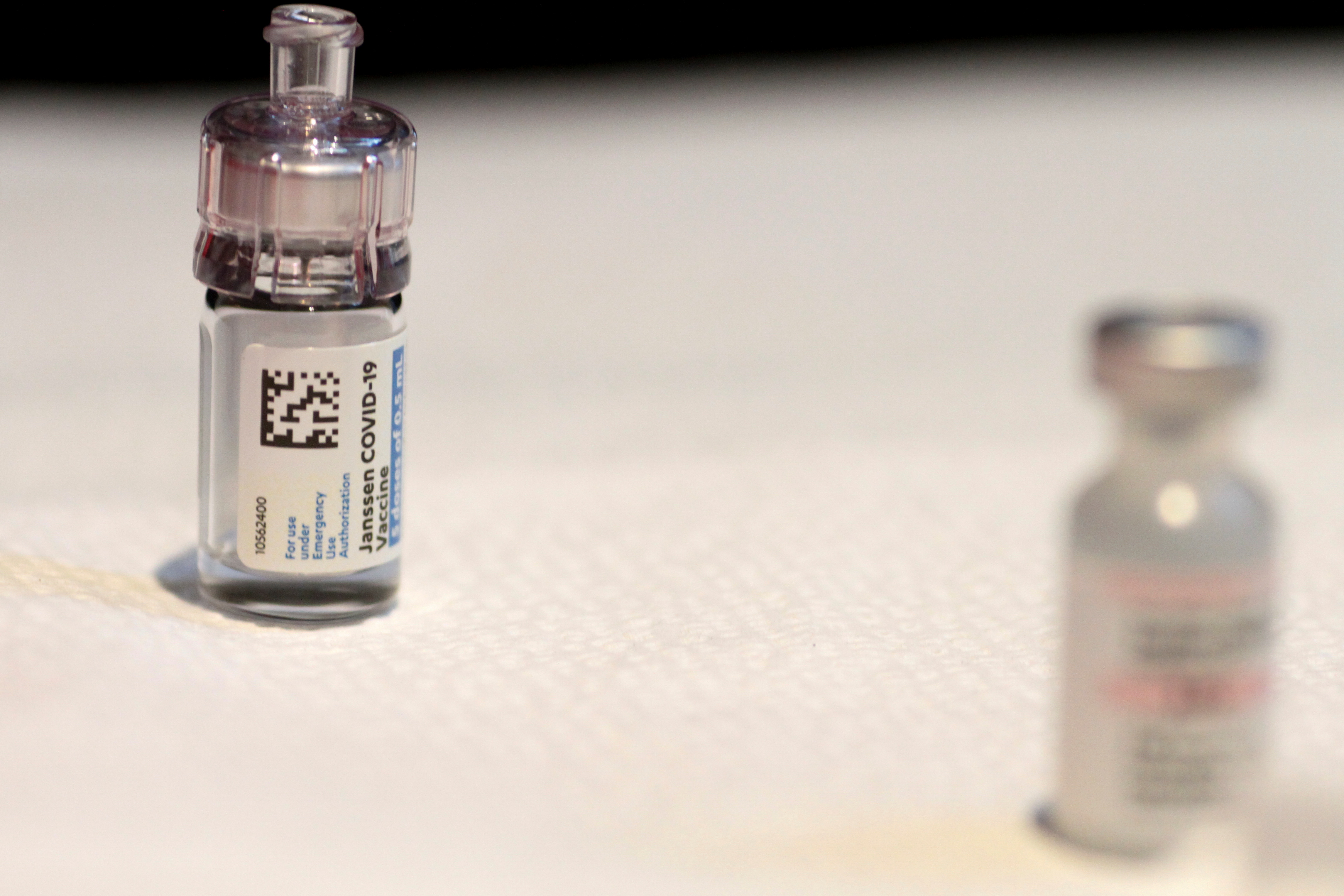 A vial of Johnson & Johnson's Janssen coronavirus disease (COVID-19) vaccine is seen during a vaccination event hosted by Miami - Dade County and Miami Heat, at FTX Arena in Miami, Florida, U.S., August 5, 2021. REUTERS/Marco Bello