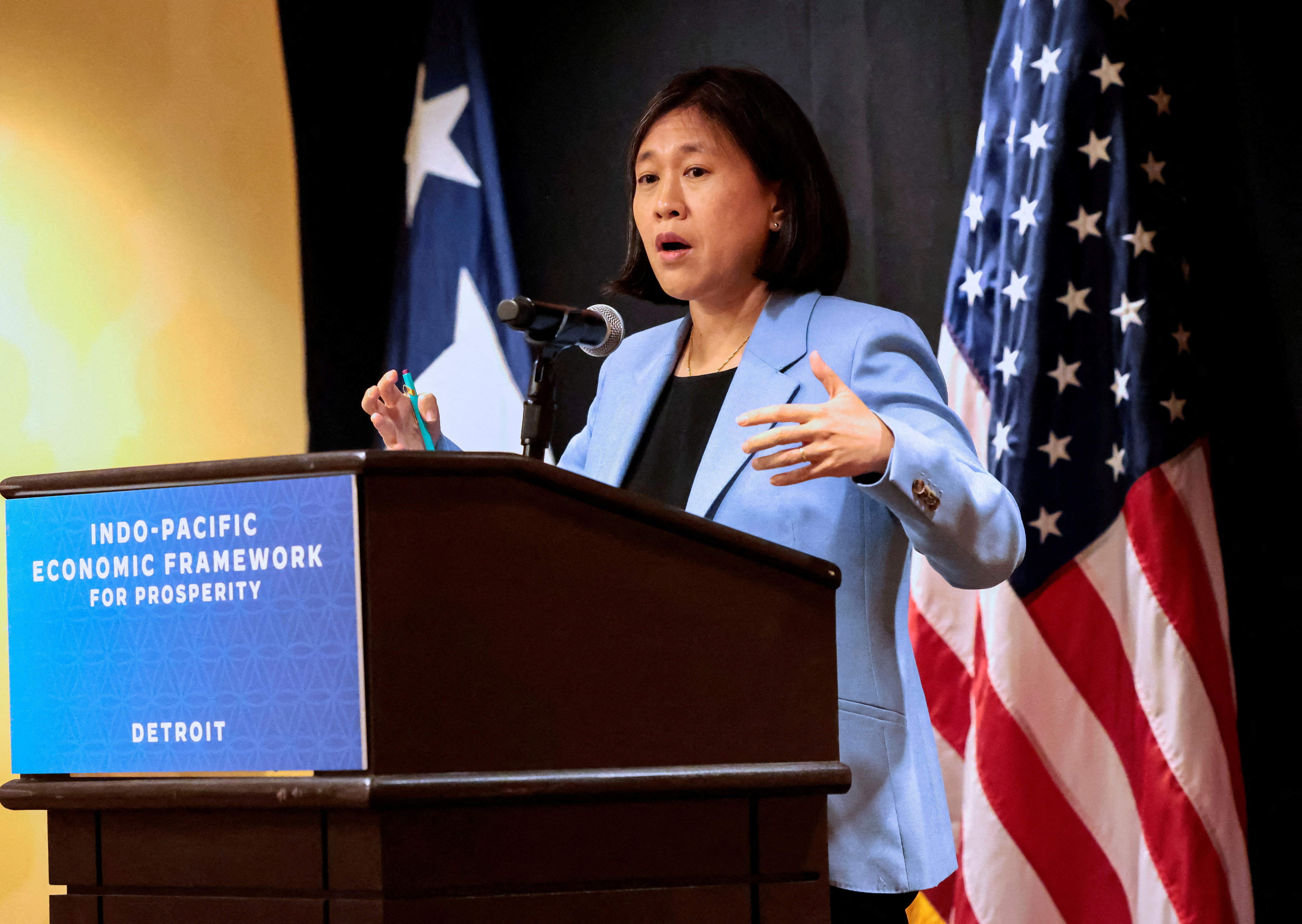 U.S. Trade Representative Katherine Tai addresses the media during a meeting in Detroit