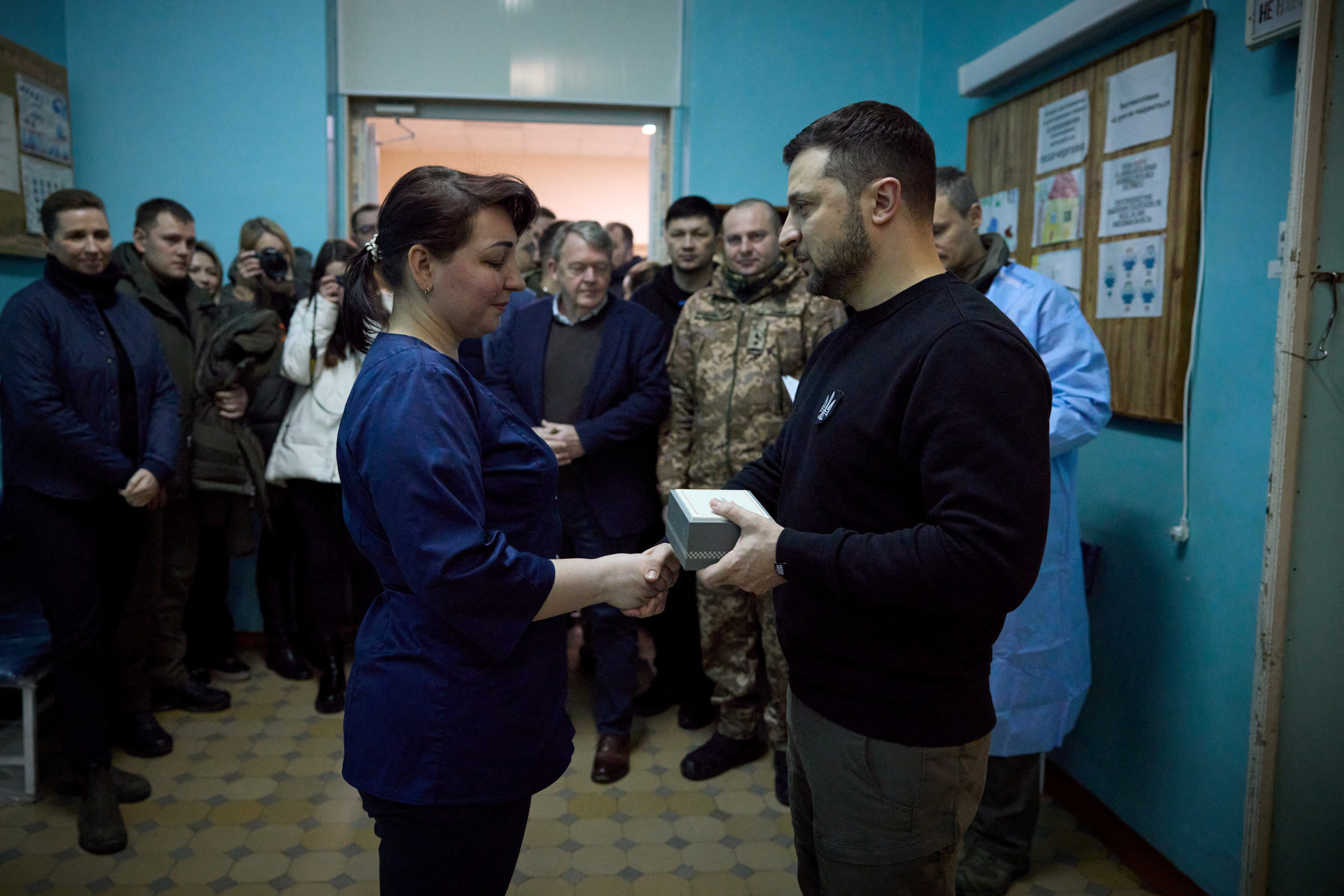 Ukraine's President Zelenskiy and Denmark's PM Frederiksen visit Ukrainian servicemen at a military hospital in Mykolaiv