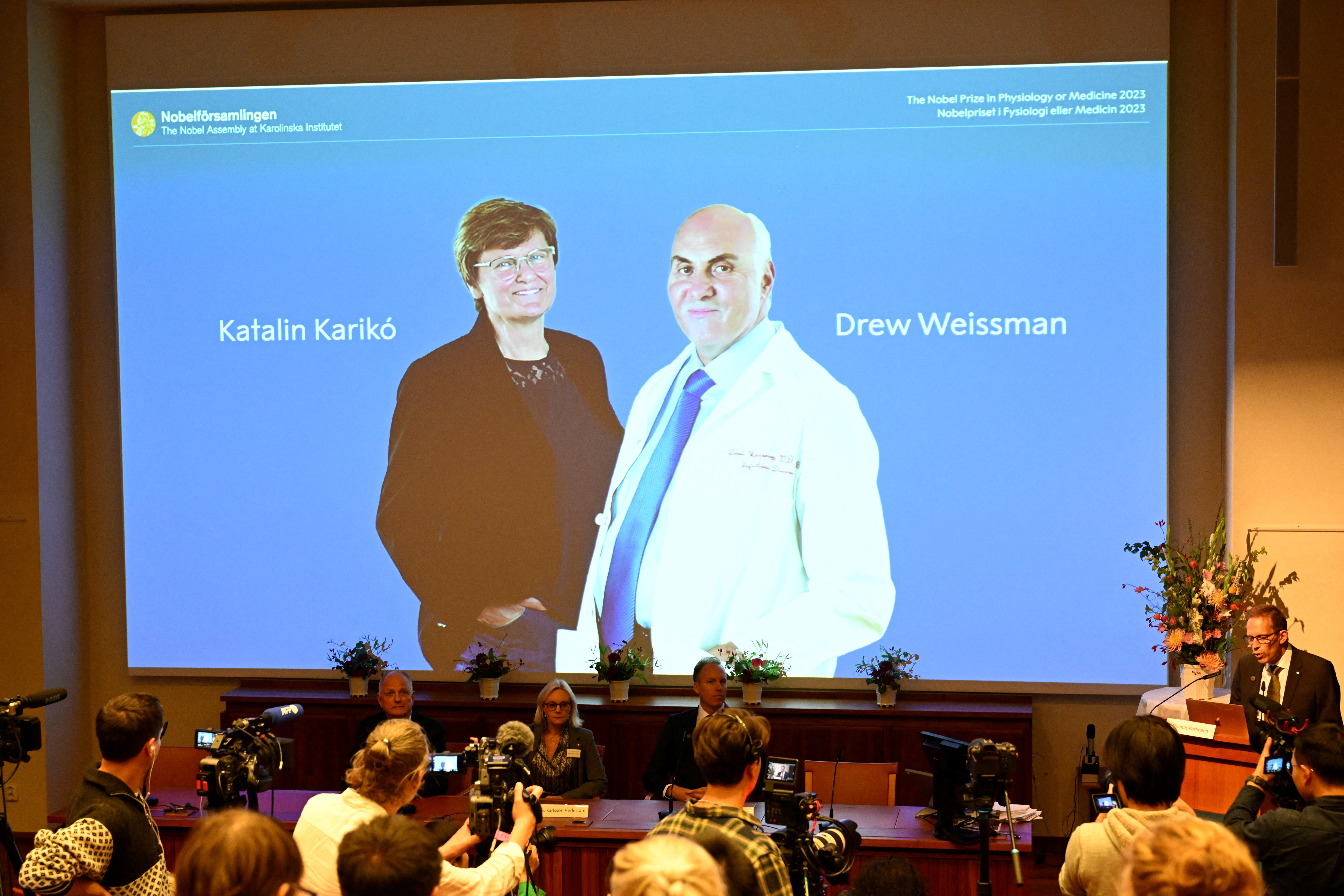Katalin Kariko and Drew Weissman win the 2023 Nobel Prize in Physiology or Medicine in Stockholm