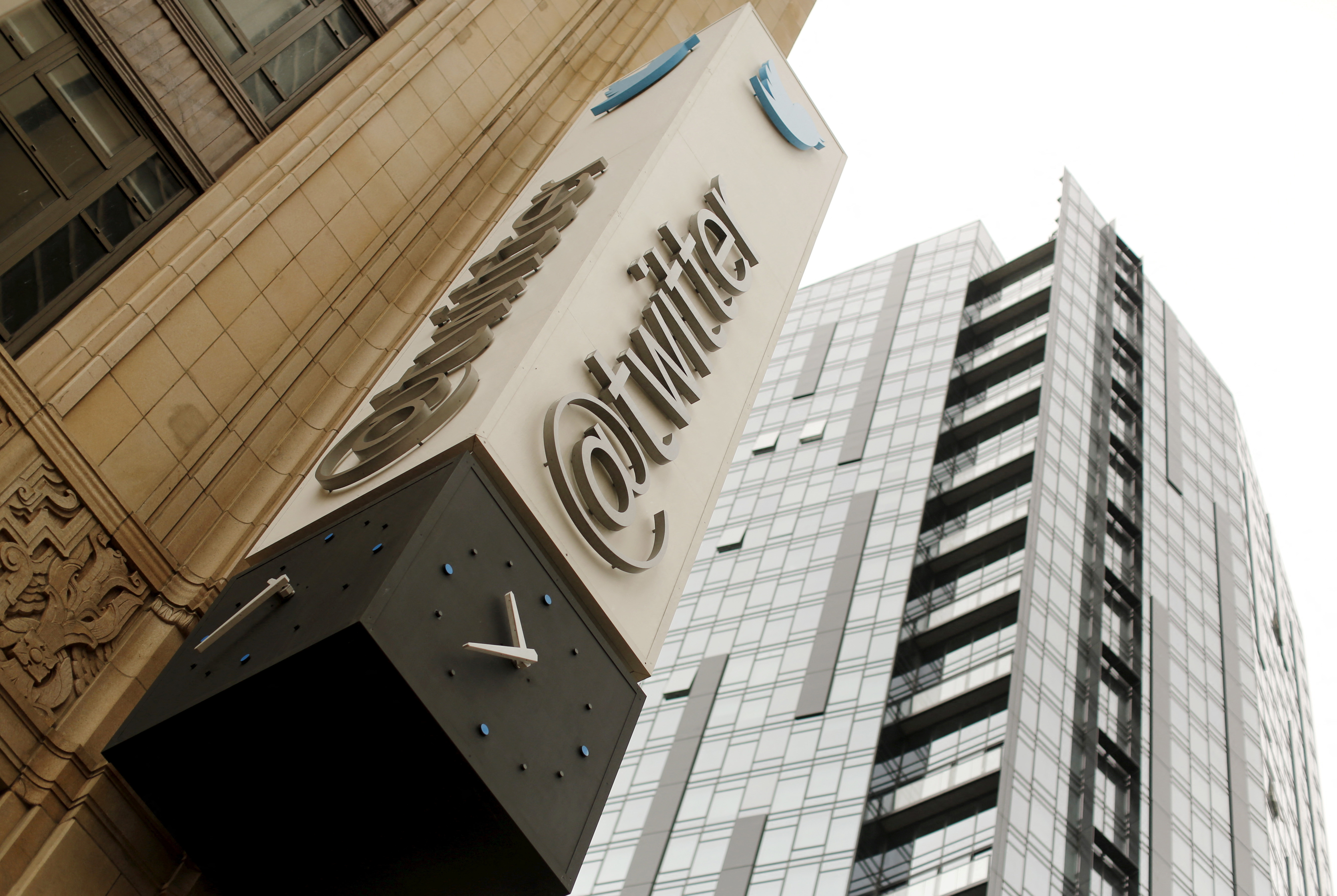 The Twitter logo is shown at its corporate headquarters  in San Francisco