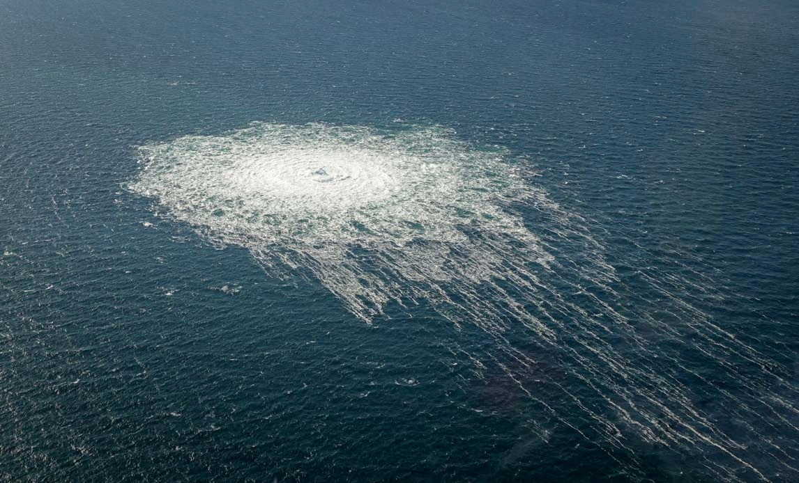 Gas bubbles from the Nord Stream 2 leak reaching surface of the Baltic sea in the area shows disturbance of well over one kilometre diameter near Bornholm