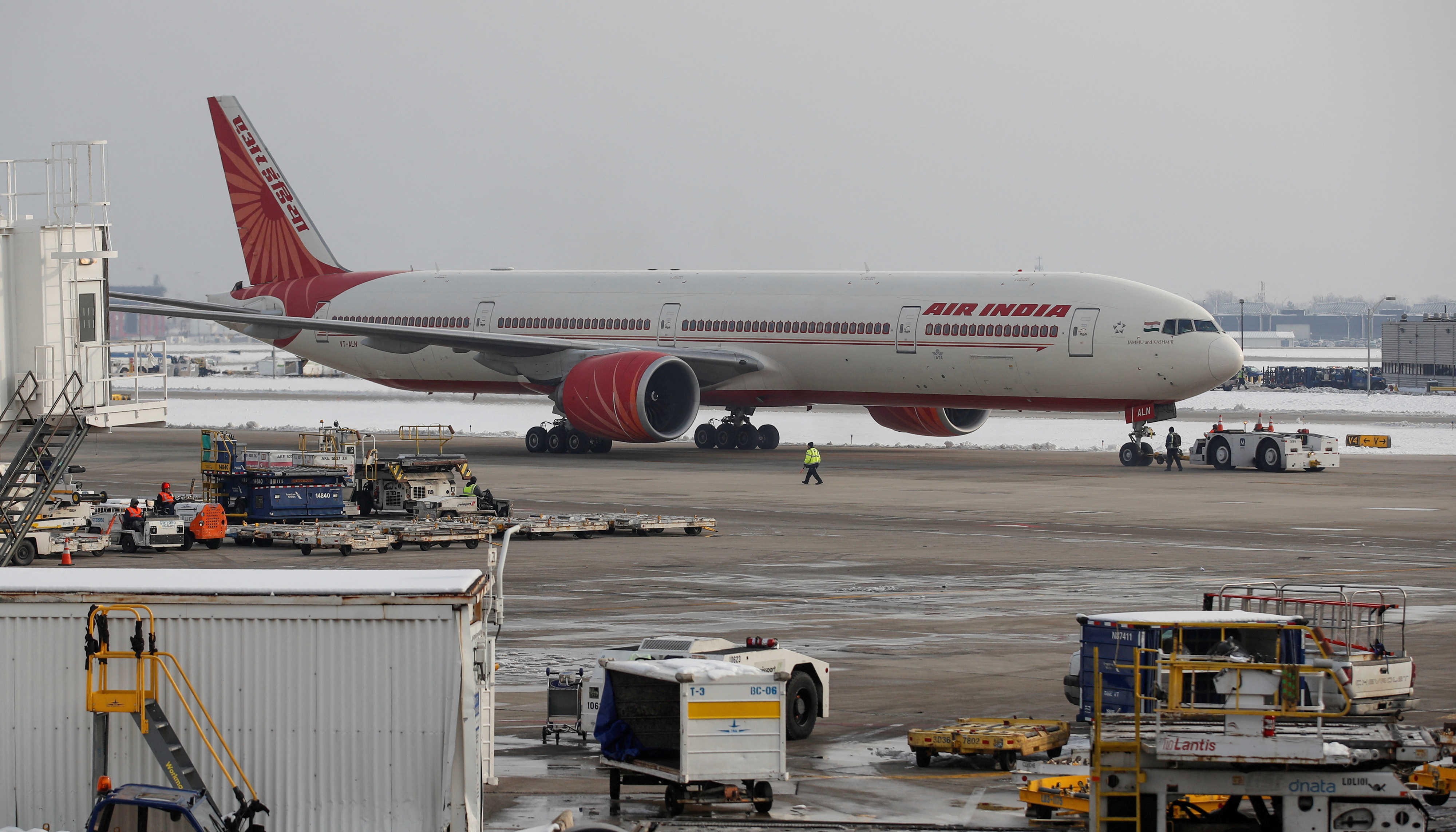 An Air India Boeing 777 plane is towed at O'Hare International Airport in Chicago