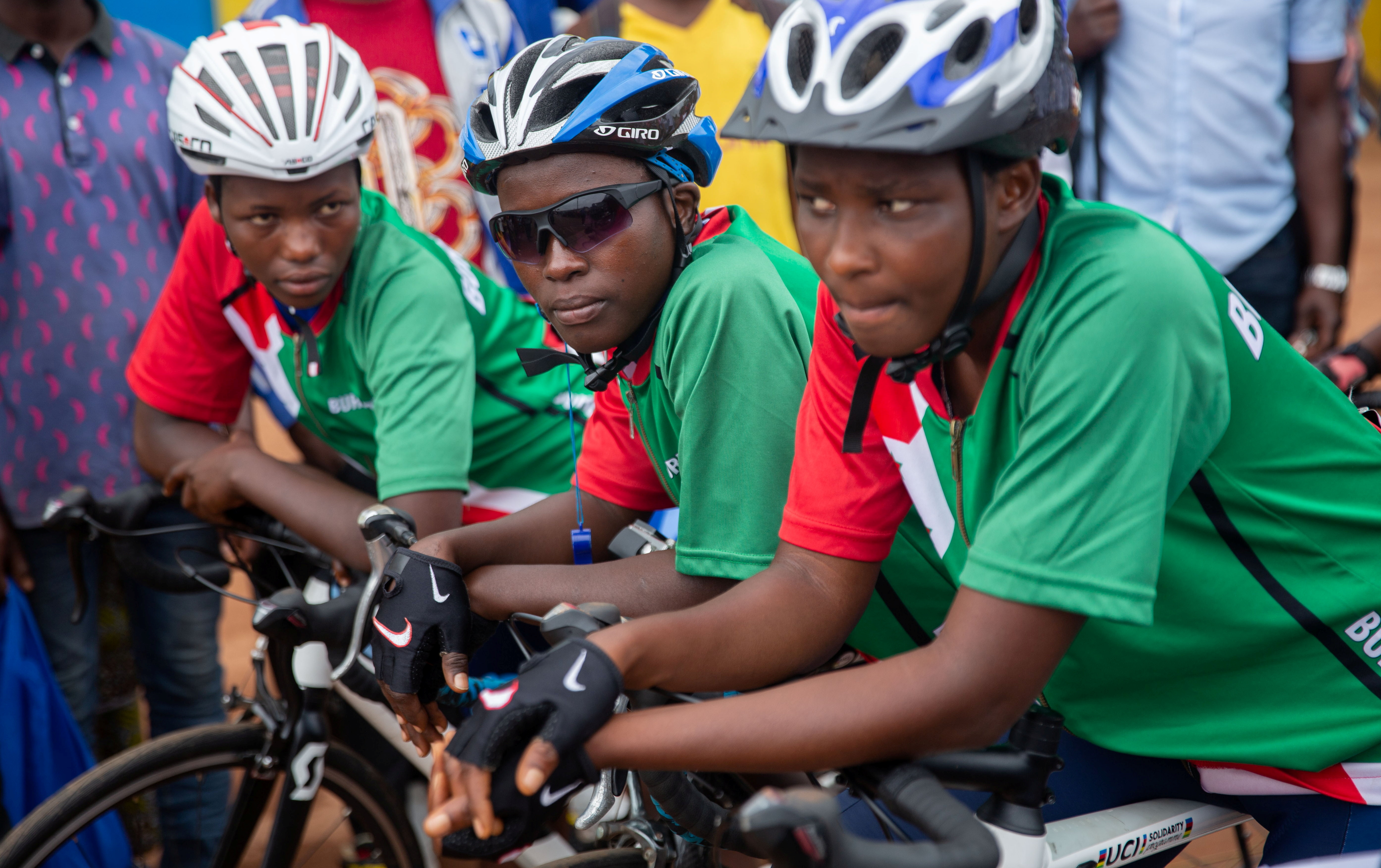 Delphine Nifasha, 19, a student and a member of Burundi women's cycling team is seen with her teammates before the departure of the last race from Ngozi to Gitega during the first International Women's Cycling Tour in Ngozi, Burundi November 28, 2021. REUTERS/Evrard Ngendakumana