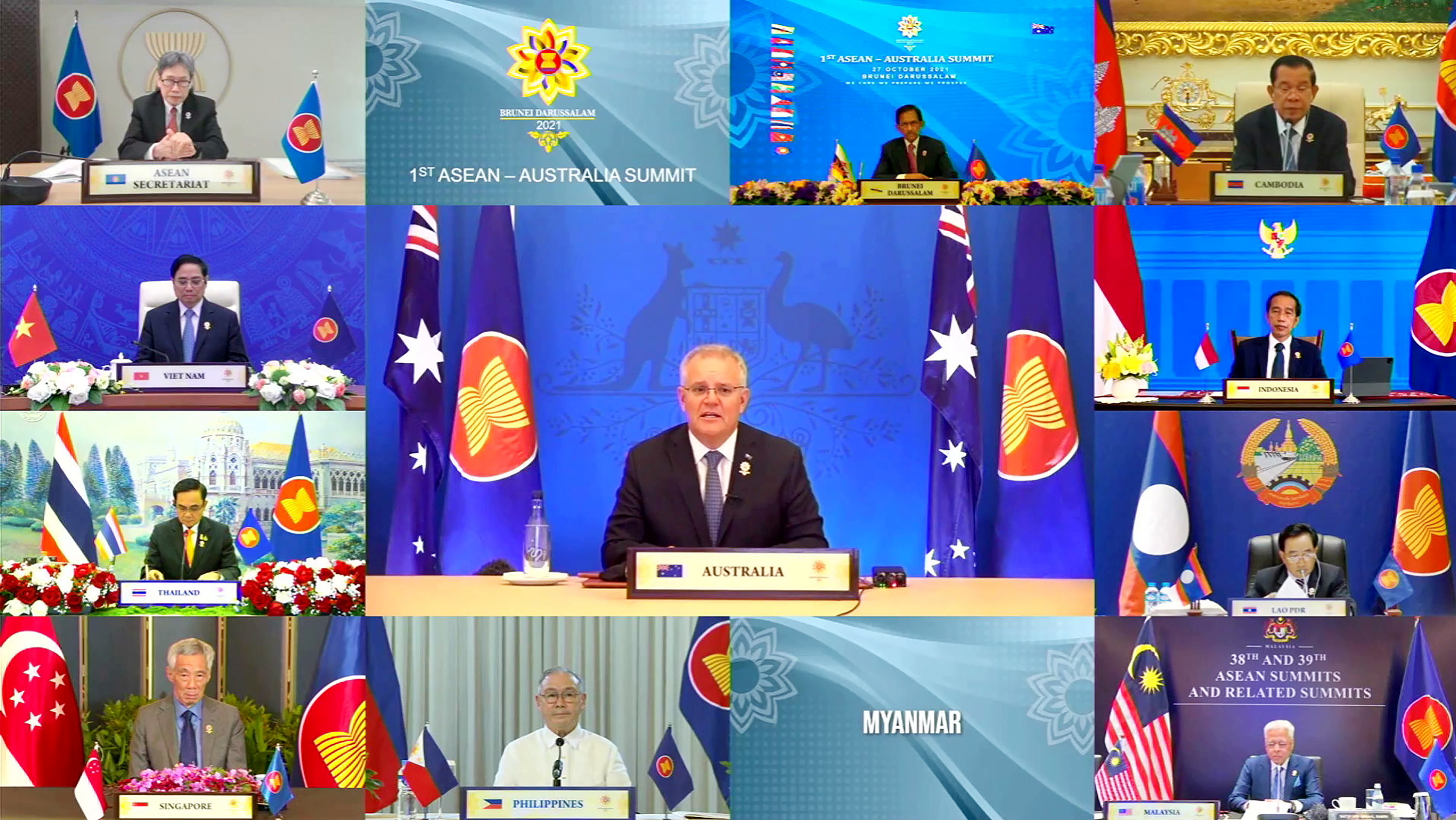 Australia's Prime Minister Scott Morrison speaks during the virtual ASEAN Australia Summit, hosted by ASEAN Summit Brunei, in Bandar Seri Begawan