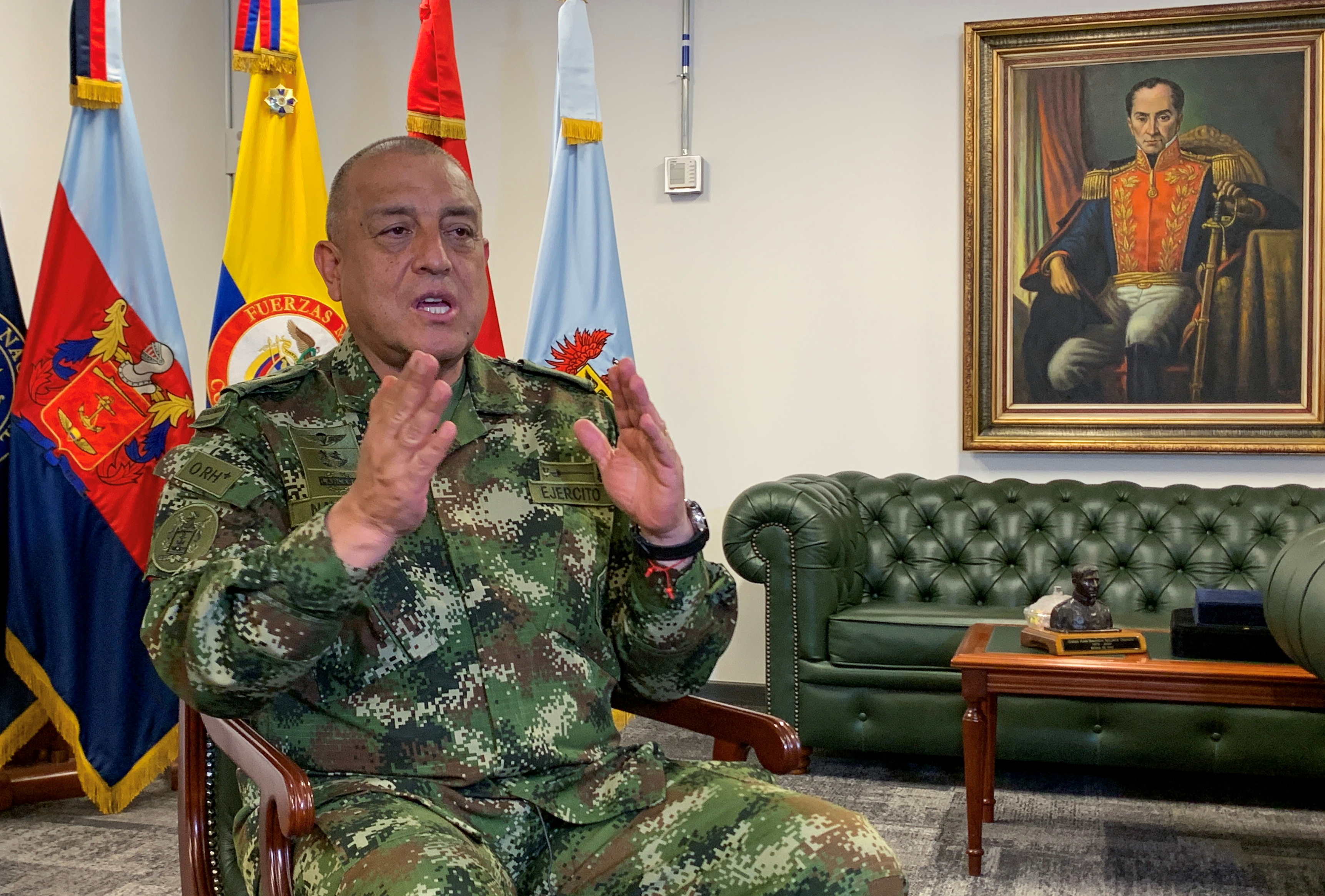 Commander of the Colombian Military Forces, General Luis Fernando Navarro, speaks during an interview with Reuters in Bogota