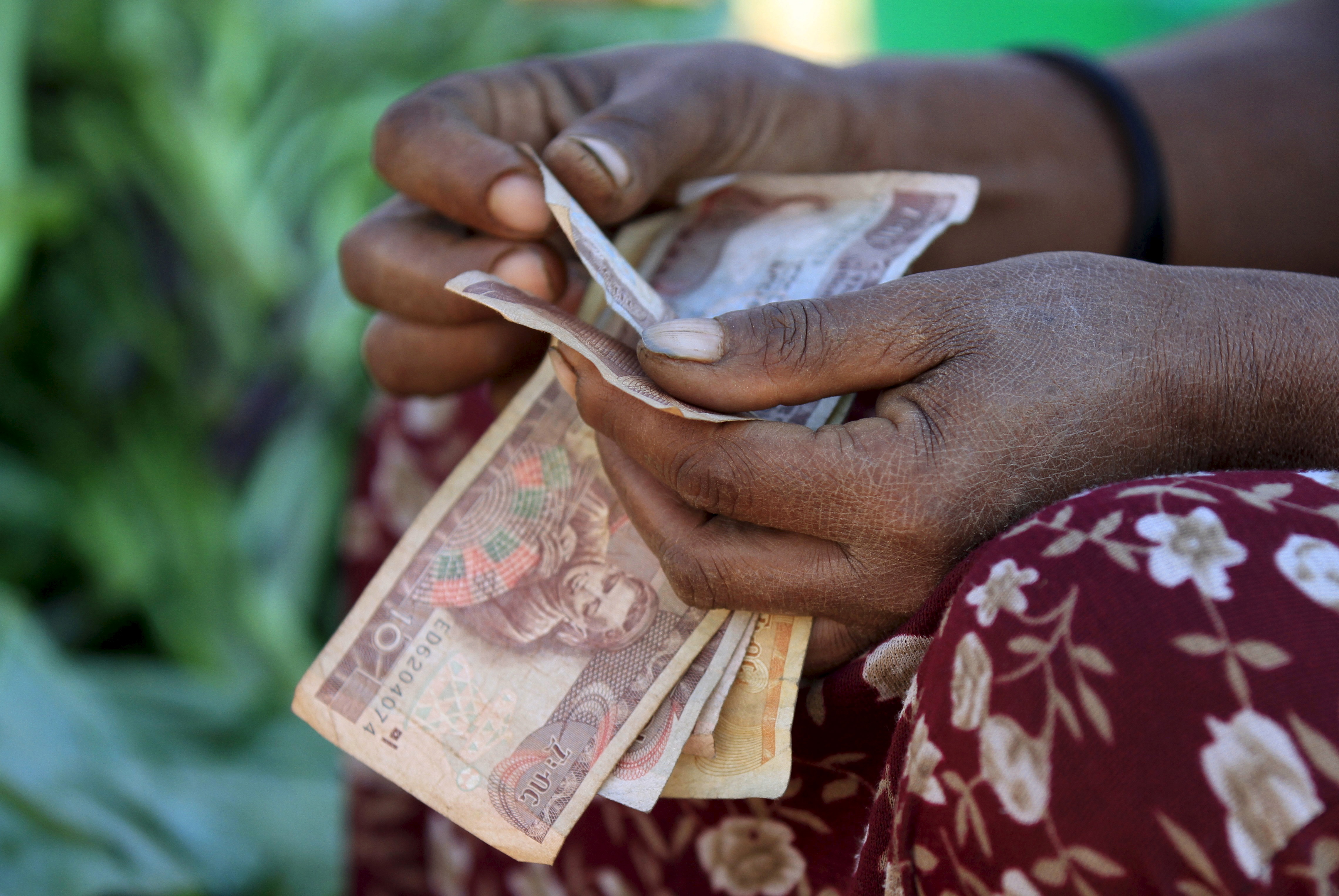 A woman counts Ethiopian birr notes, after selling a cabbage at the Mercato market in Addis Ababa