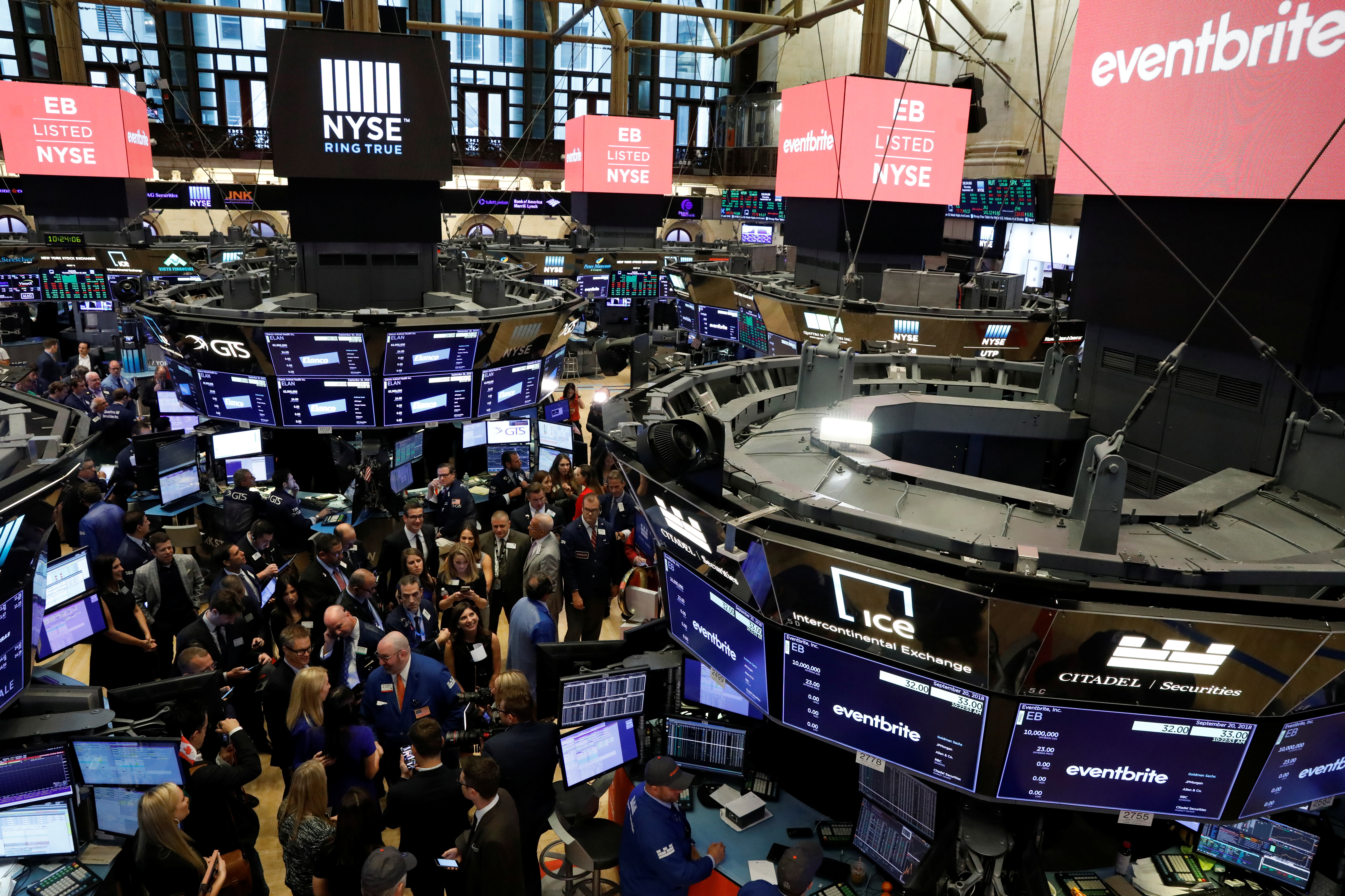 Traders gather at Eventbrite Inc.'s IPO awaiting for the stock to begin trading at the New York Stock Exchange (NYSE) in New York
