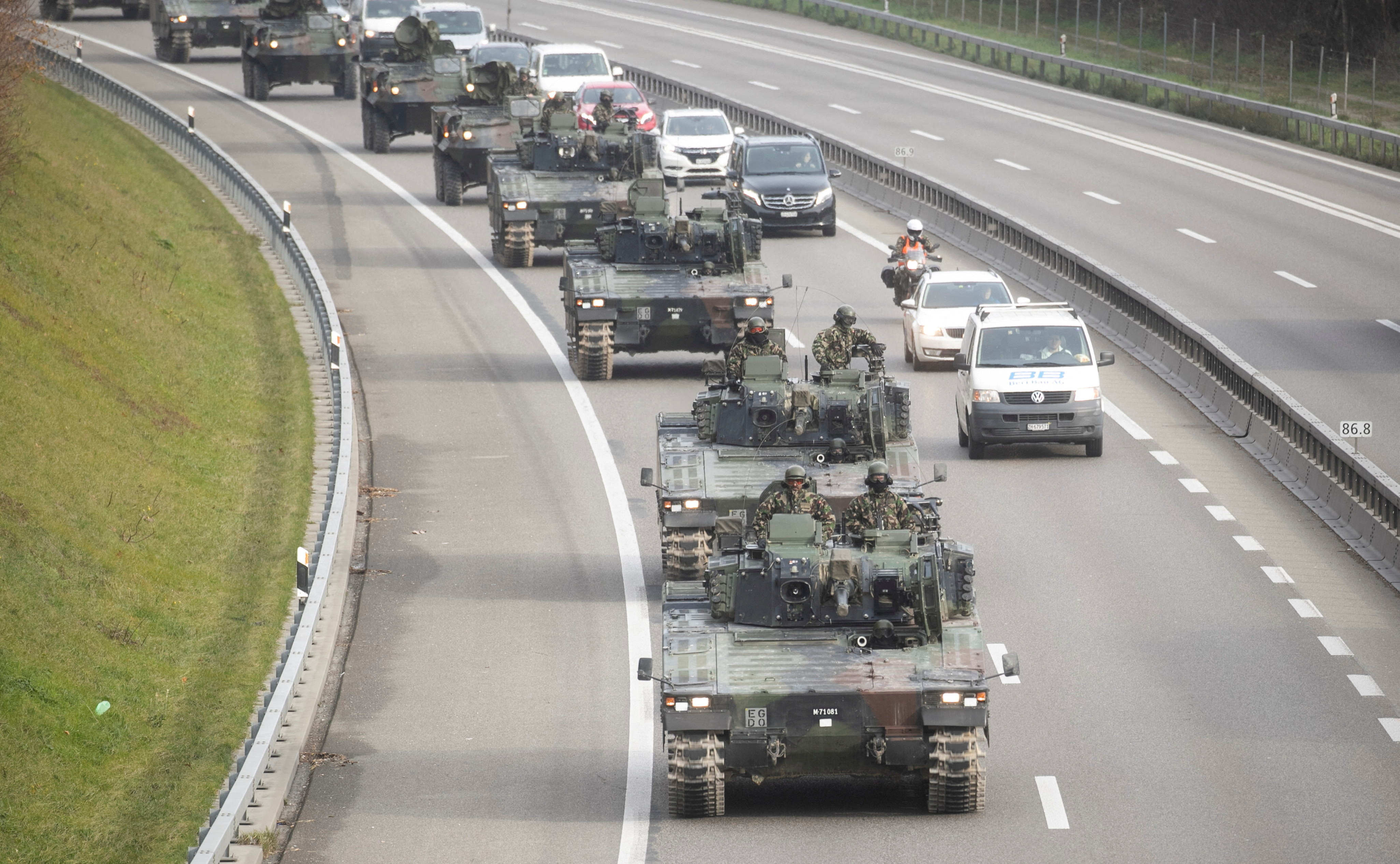 Vehicles of the Swiss Army take part in the military exercise 