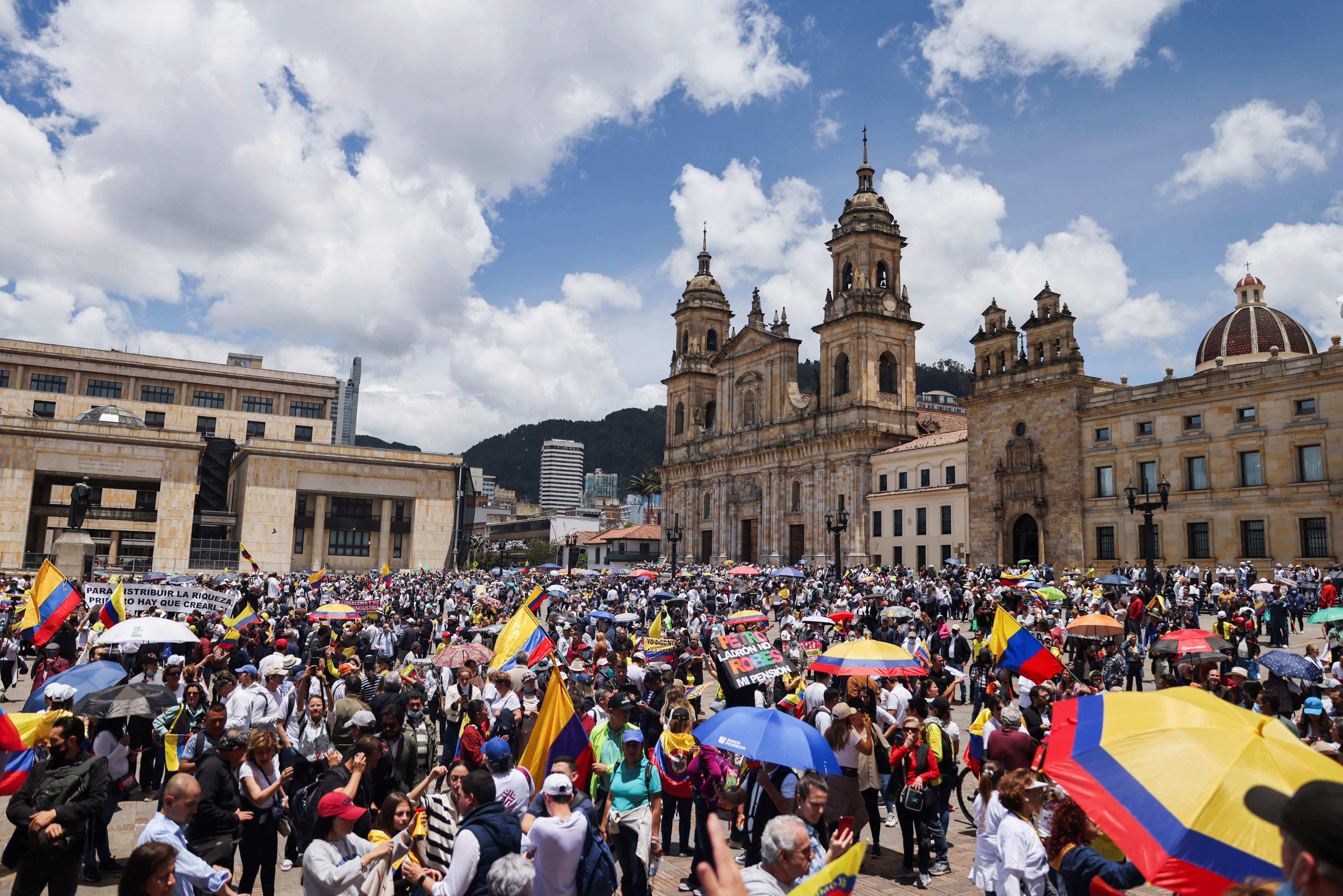 Demonstrators protest against the government of Colombian President Gustavo Petro and his tax reform proposal in Bogota