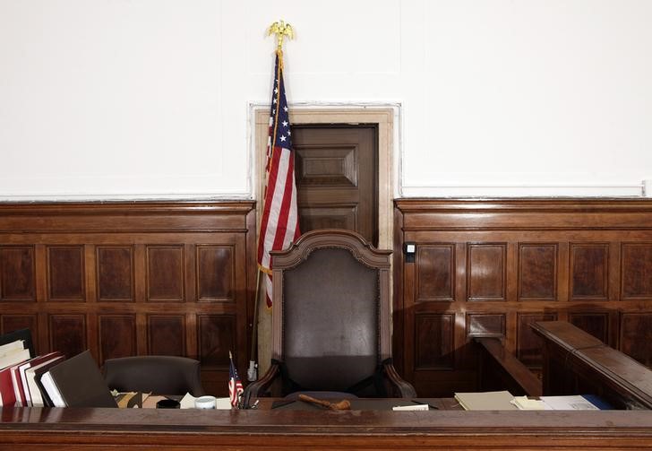 A view of the judge's chair in court room 422 of the New York Supreme Court at 60 Centre Street