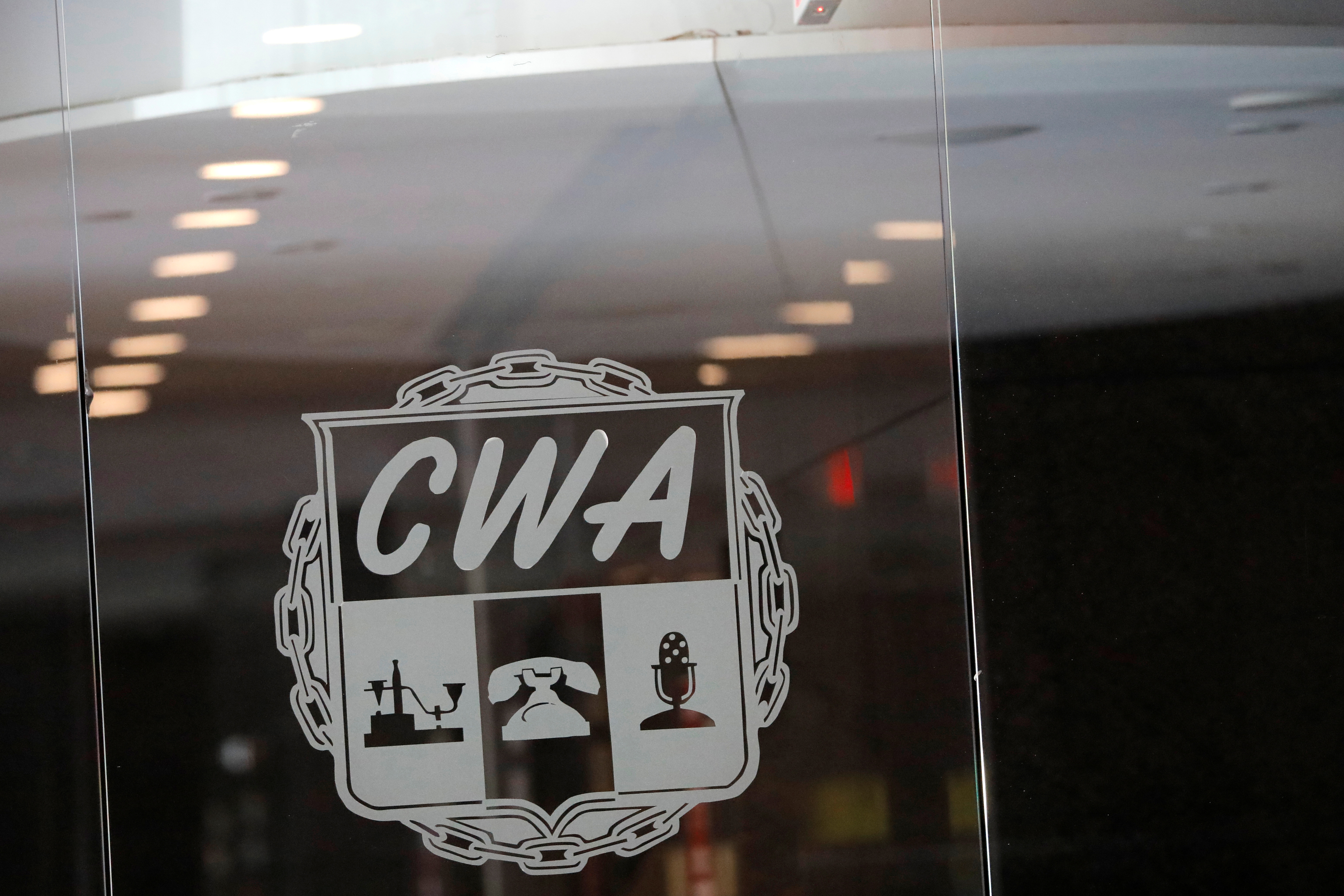 The signage of the Communications Workers of America (CWA) labor union is seen in their headquarters in Washington, D.C.