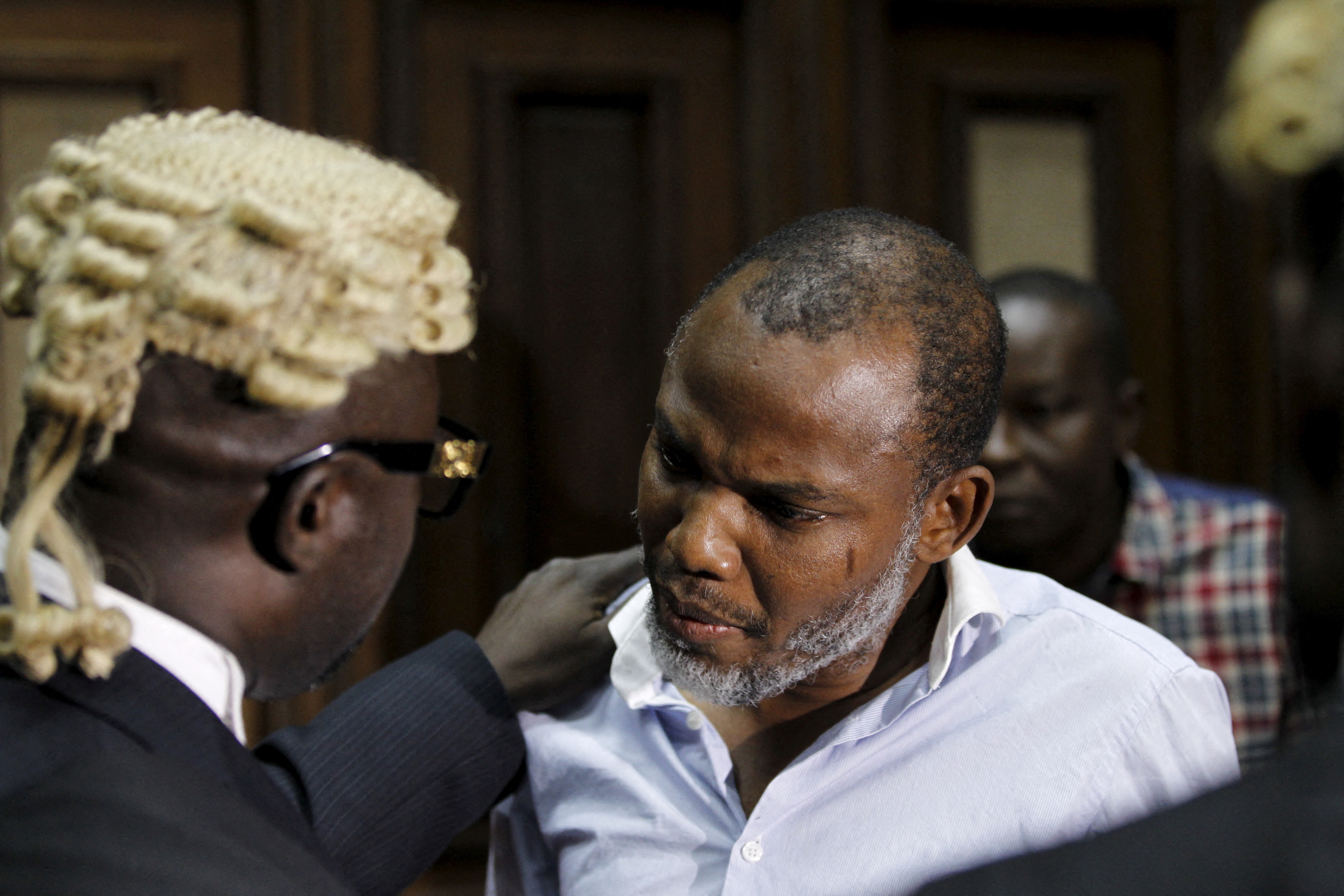 Indigenous People of Biafra (IPOB) leader Nnamdi Kanu is seen with his counsel at the Federal high court Abuja, Nigeria January 20, 2016. REUTERS/Afolabi Sotunde/File Photo