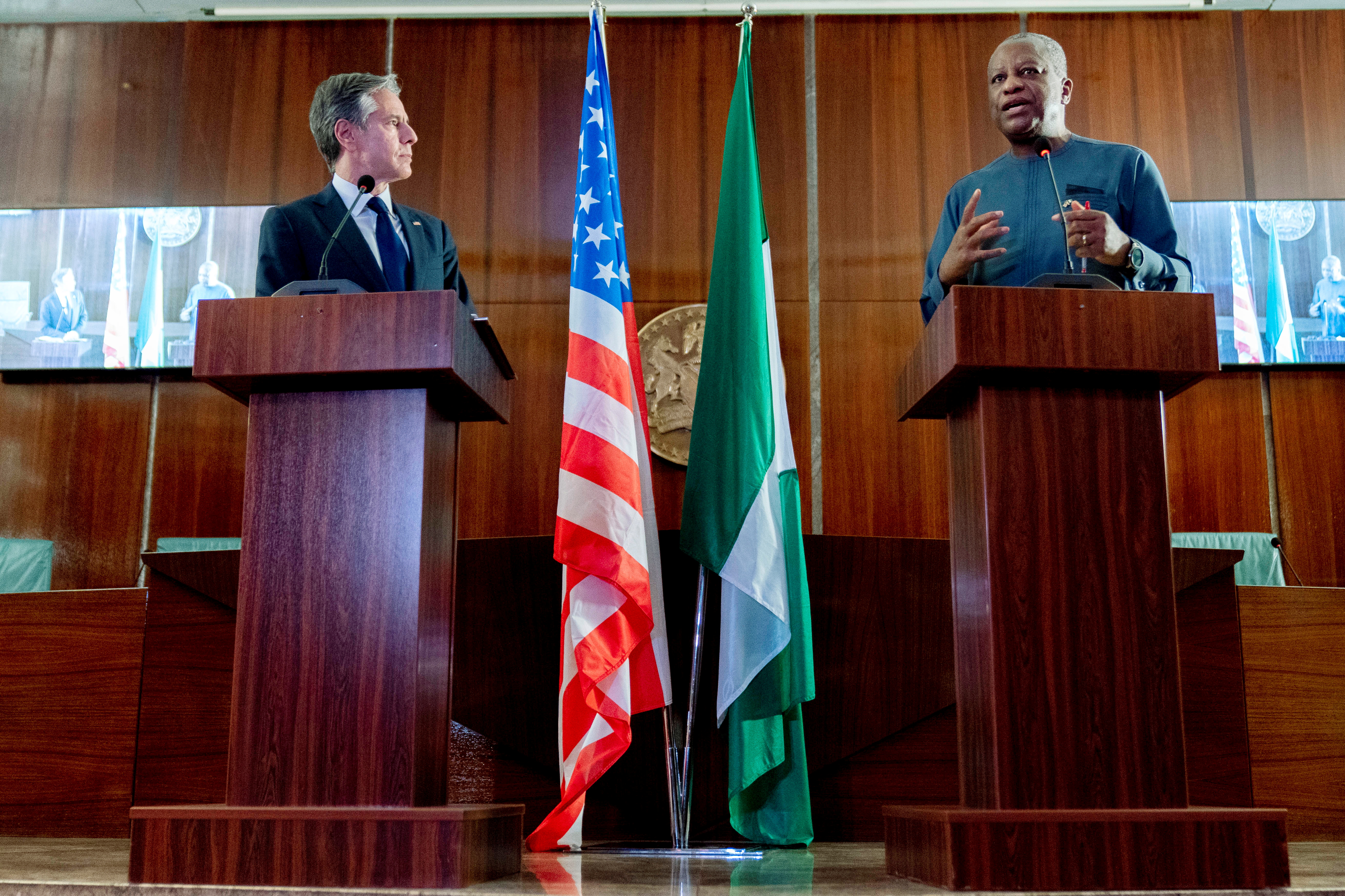 Nigerian Foreign Minister Geoffrey Onyeama, accompanied by Secretary of State Antony Blinken, attend a news conference at the Aso Rock Presidential Villa in Abuja, Nigeria, November 18, 2021. Andrew Harnik/Pool via REUTERS