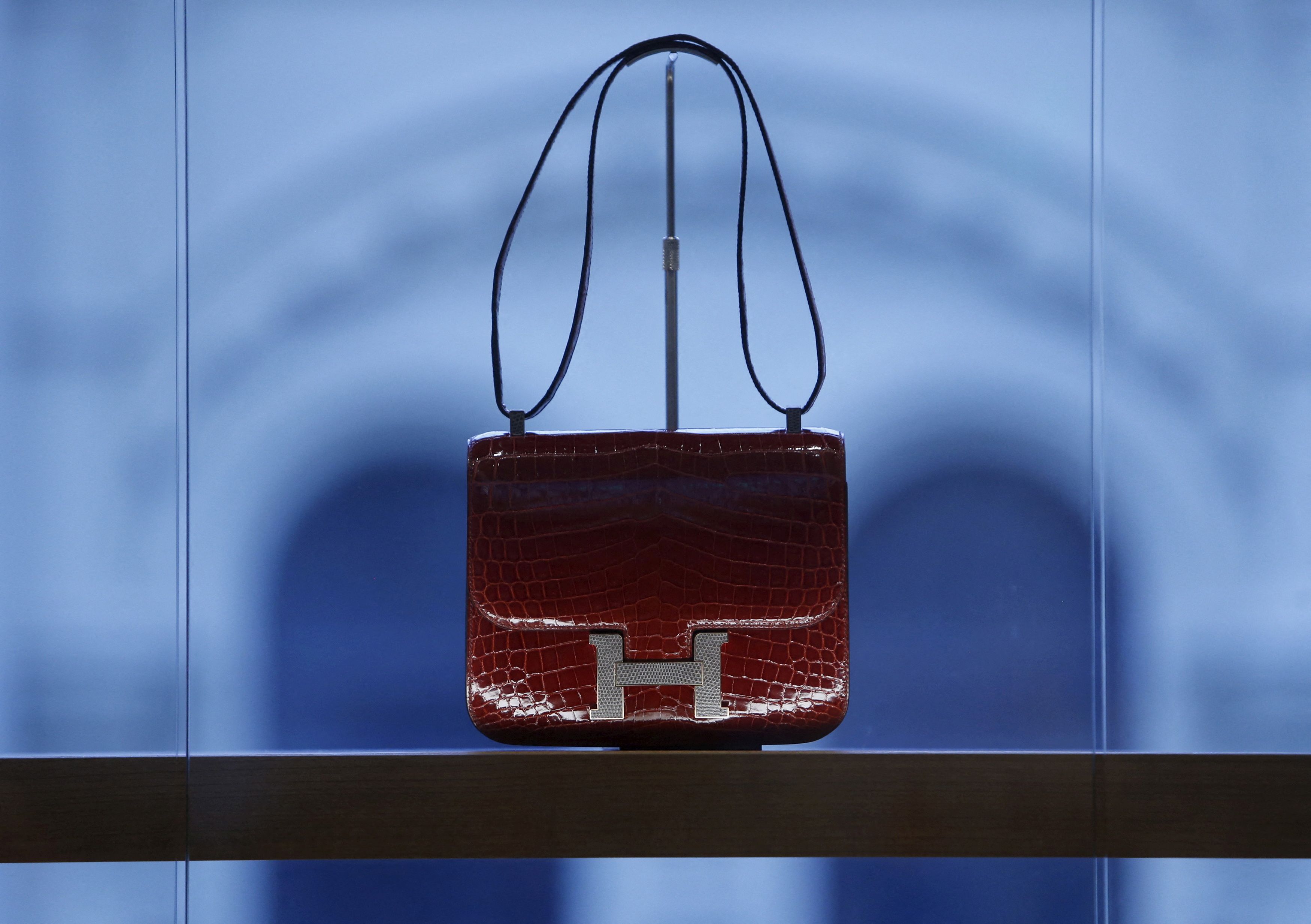 A handbag is on display at Hermes shop during a press preview in Russia's landmark GUM shopping centre on the Red Square in Moscow