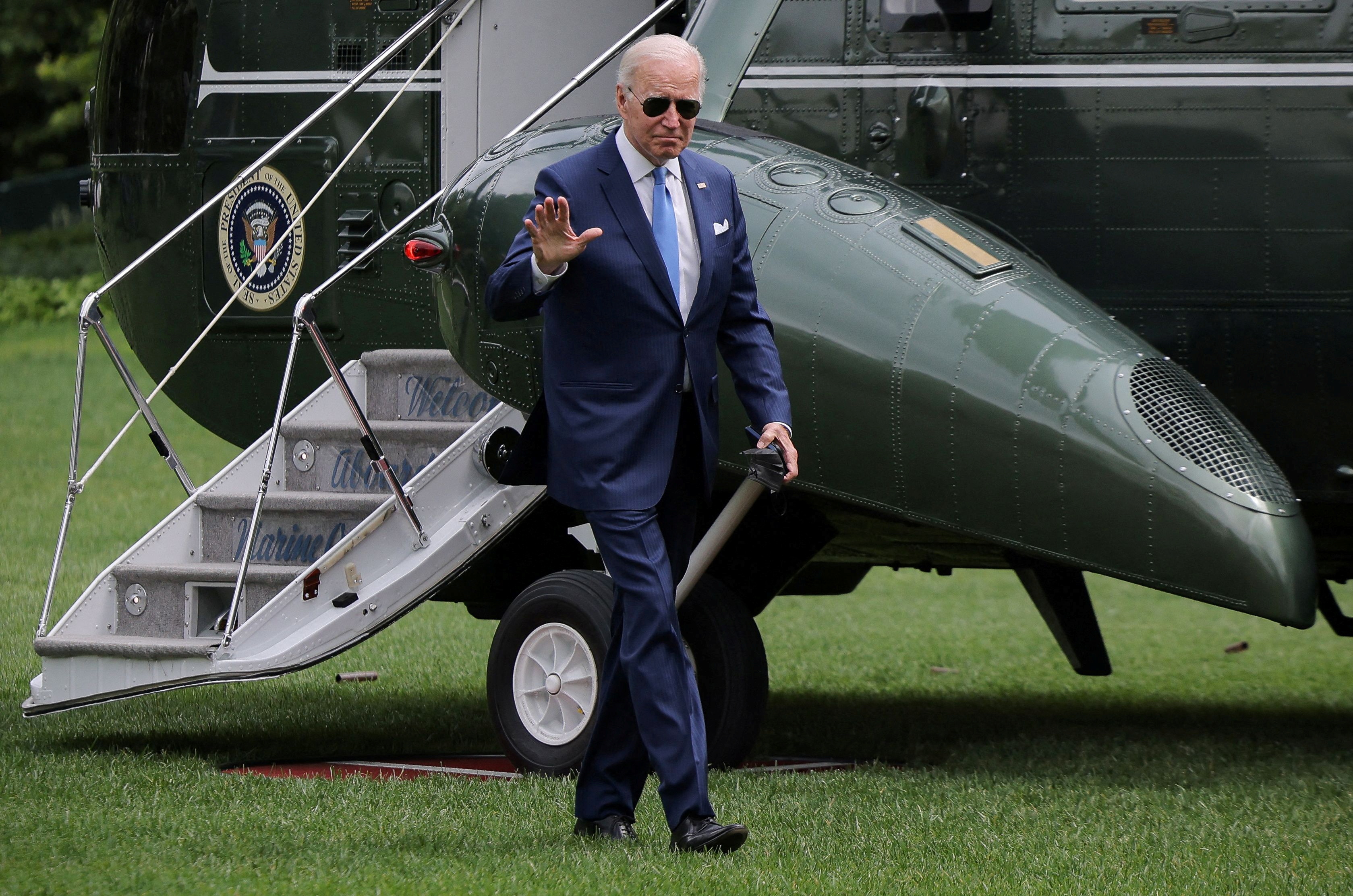 U.S. President Joe Biden arrives at the White House following an interagency briefing on hurricane preparedness at Joint Base Andrews, in Washington