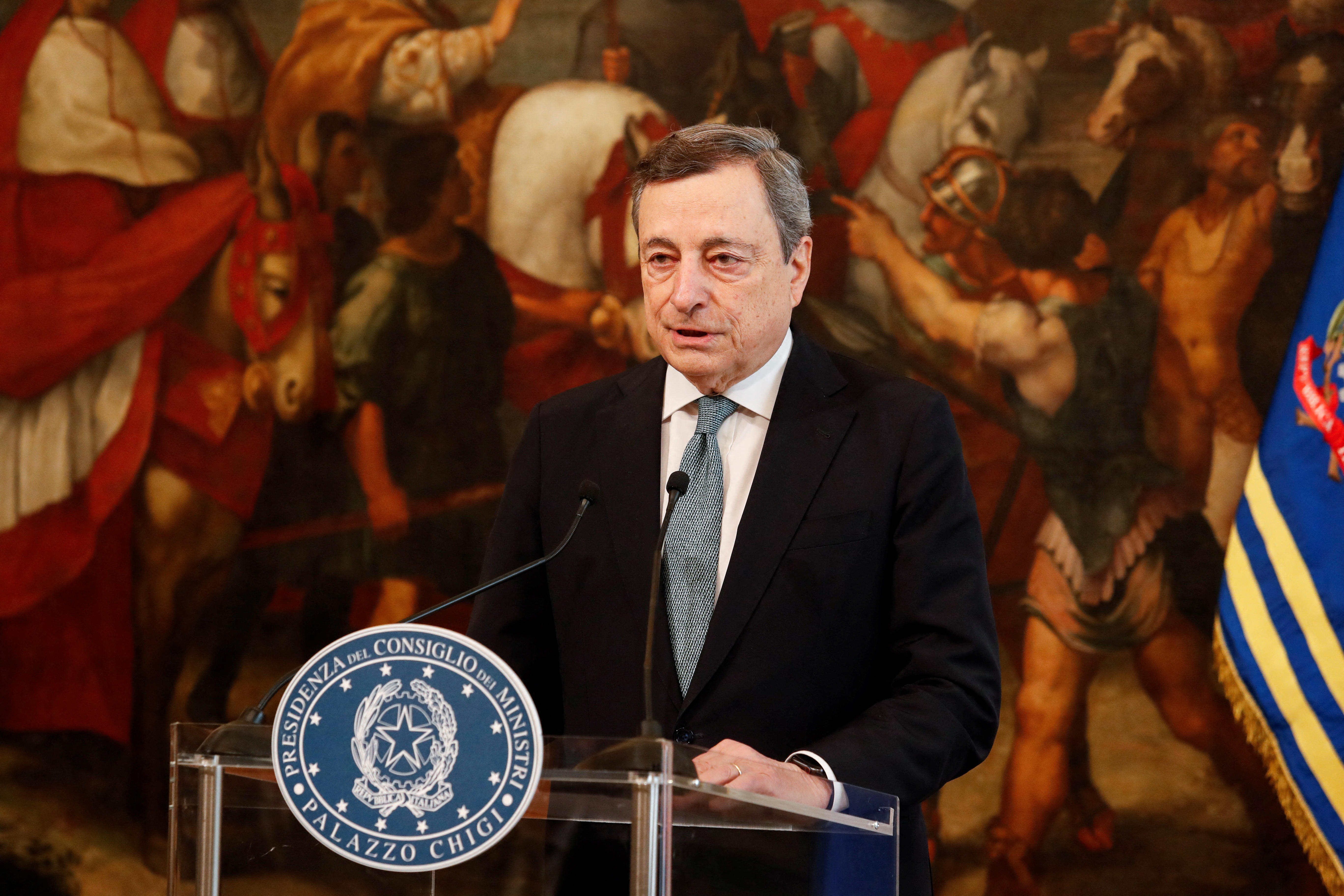Italian Prime Minister Mario Draghi makes a statement on the Ukraine crisis, in Rome