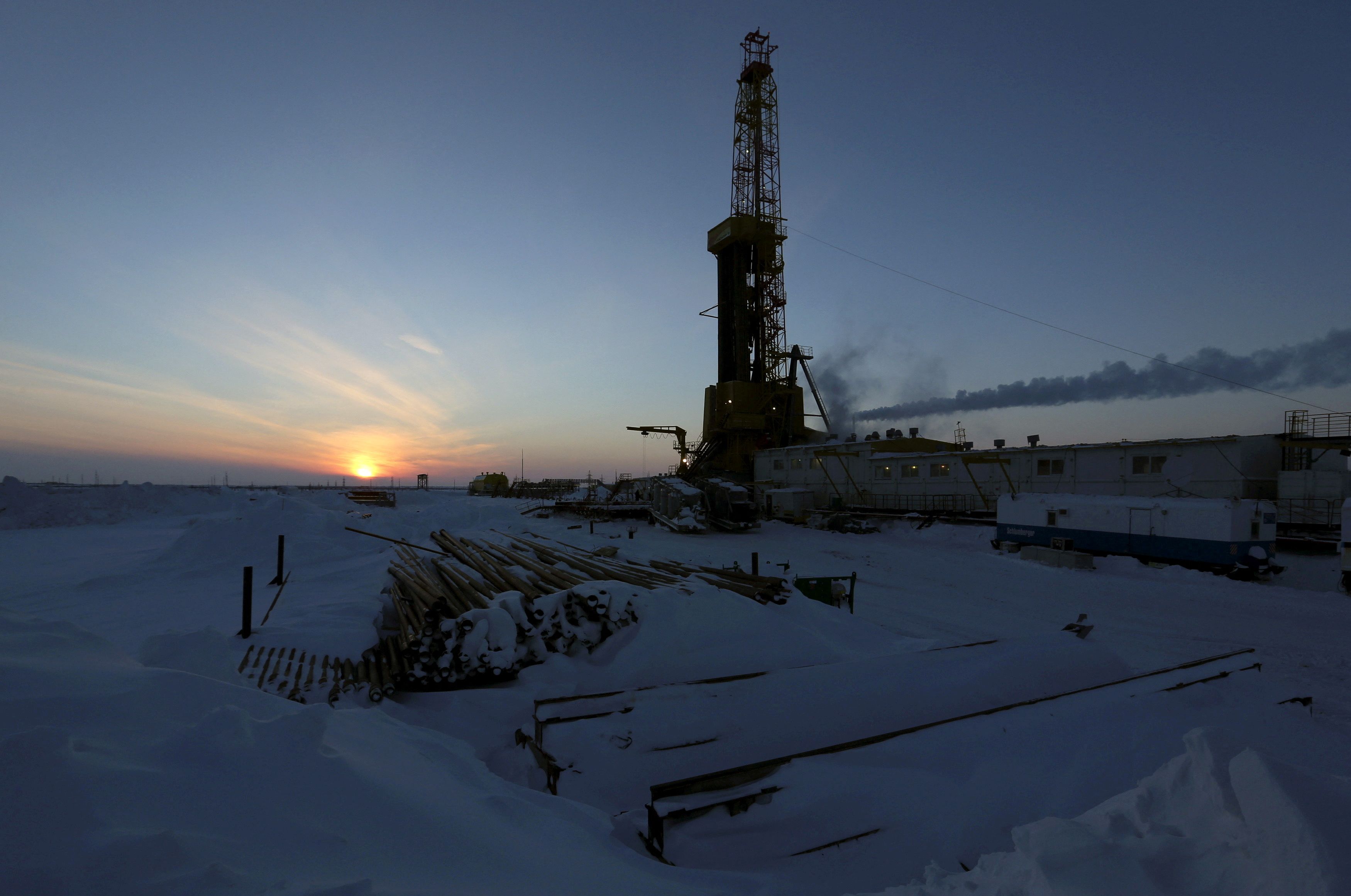 View shows oil derrick at Vankorskoye oil field owned by Rosneft north of Krasnoyarsk