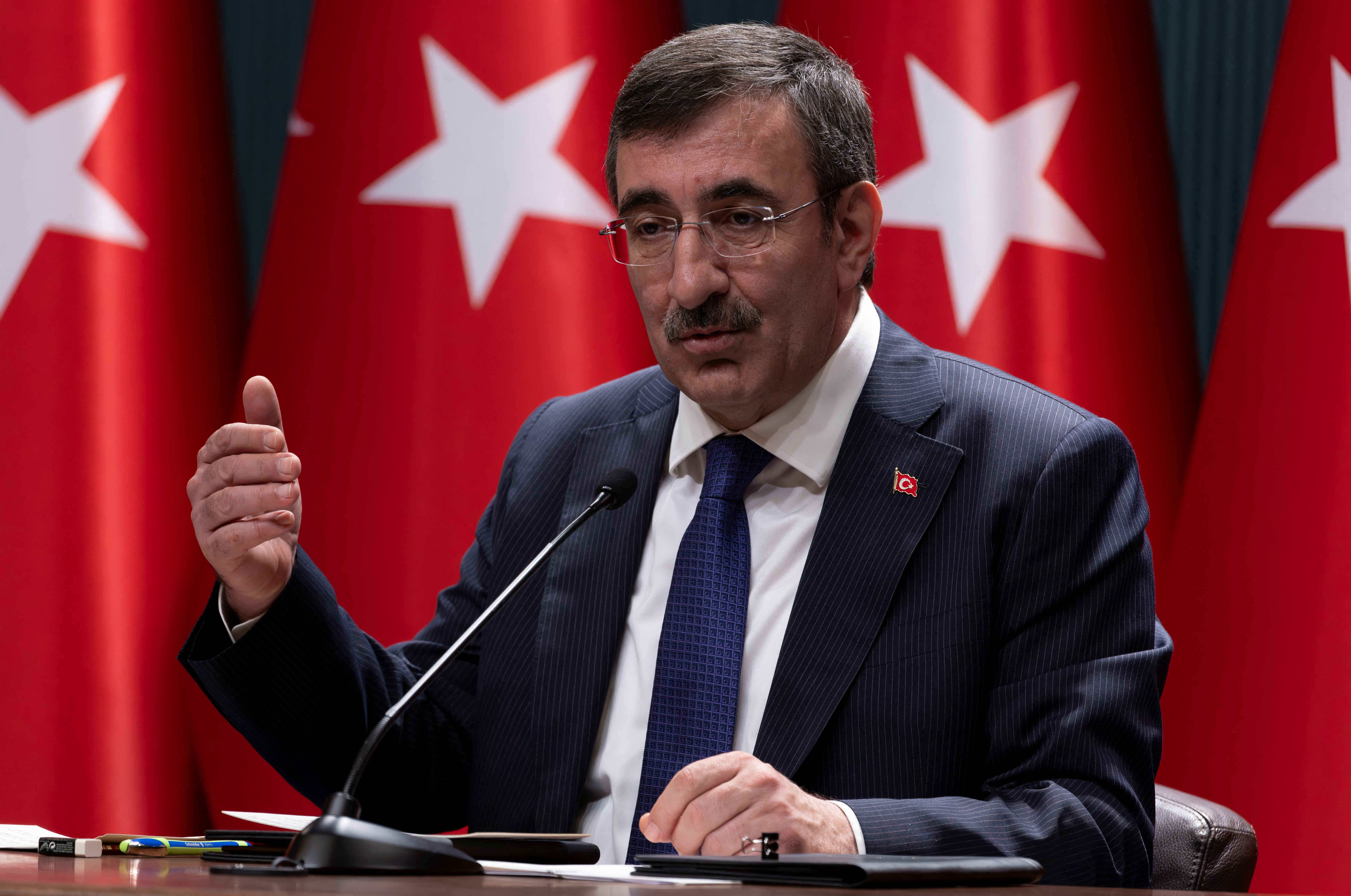 Turkey's Vice President Yilmaz speaks during a press conference in Ankara