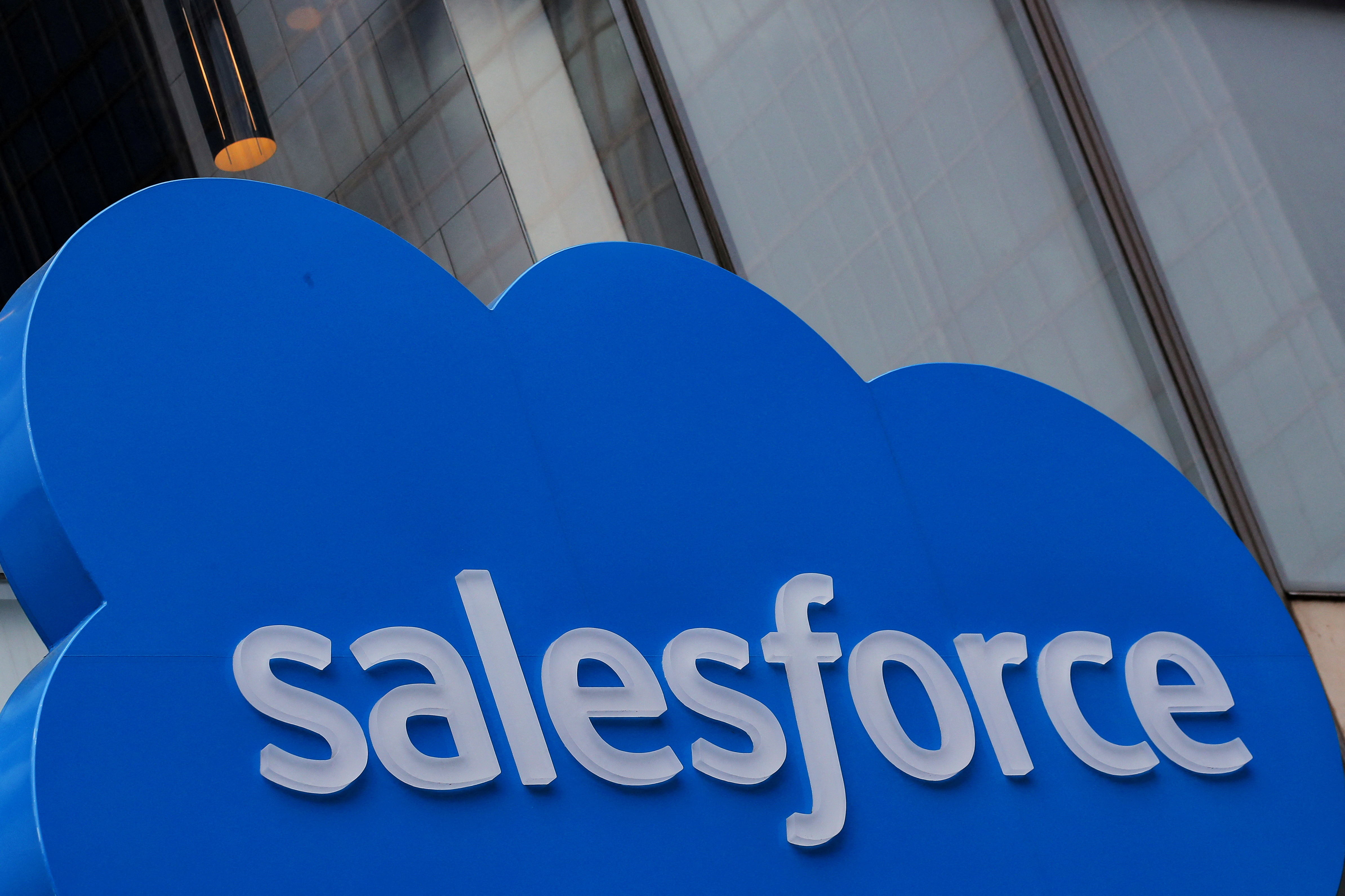 The company logo for Salesforce.com is displayed on the Salesforce Tower in New York