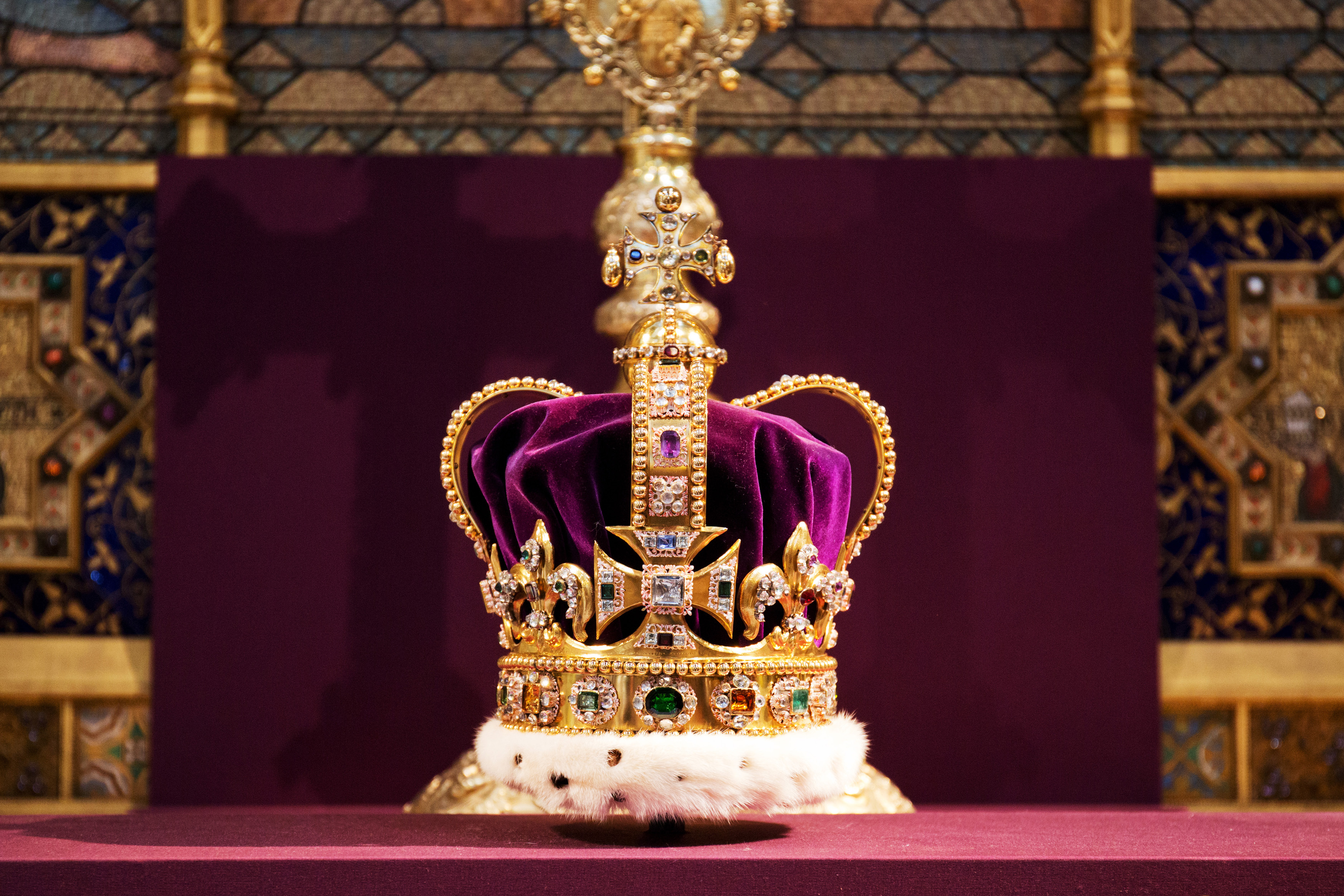 St Edward's Crown, which hasn't been outside the Tower of London for 60 years, is displayed during a service celebrating the 60th anniversary of Queen Elizabeth's coronation at Westminster Abbey in London