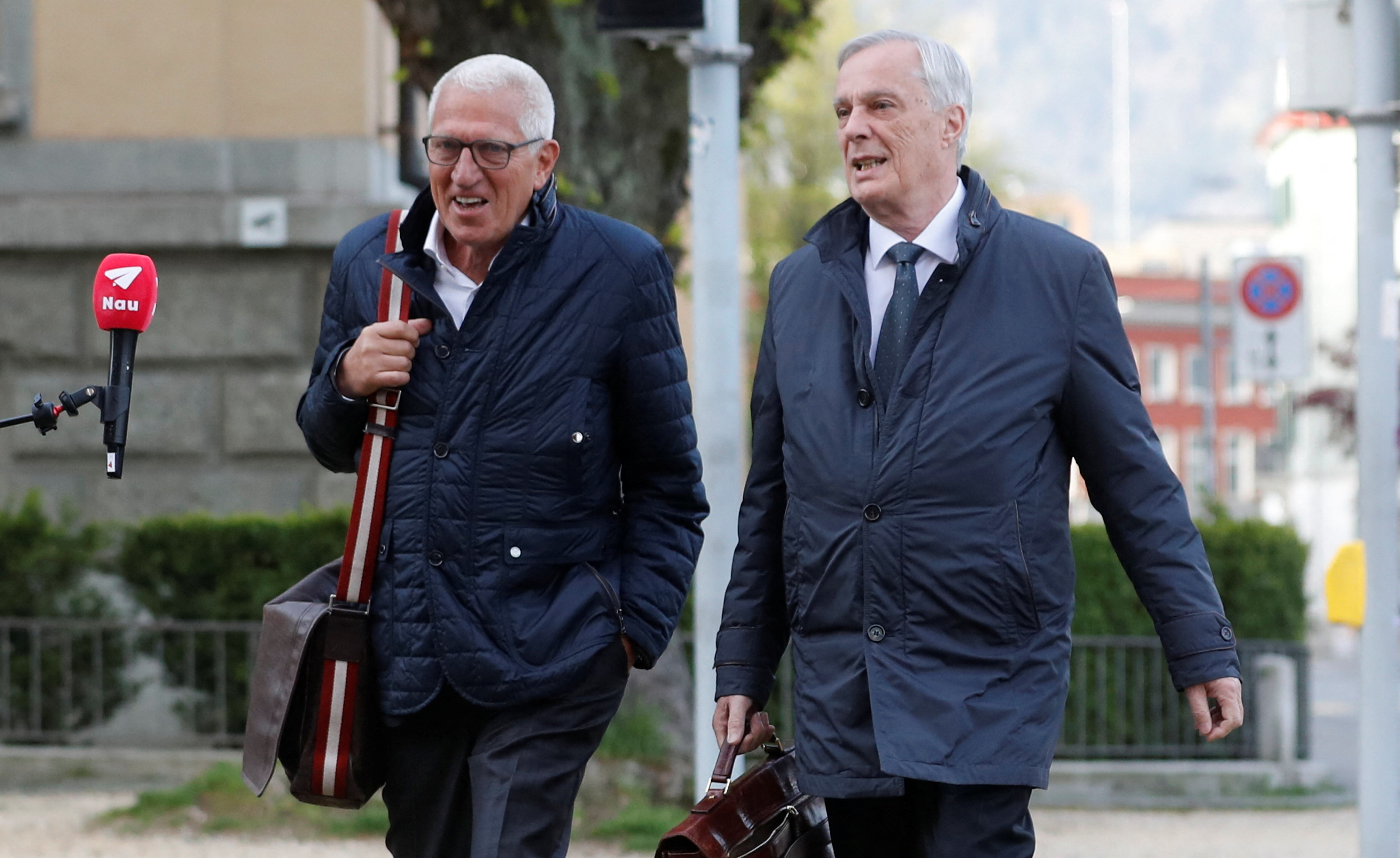 Pierin Vincenz, former CEO of Swiss Raiffeisen and his lawyer Lorenz Erni arrive before a trial in Zurich
